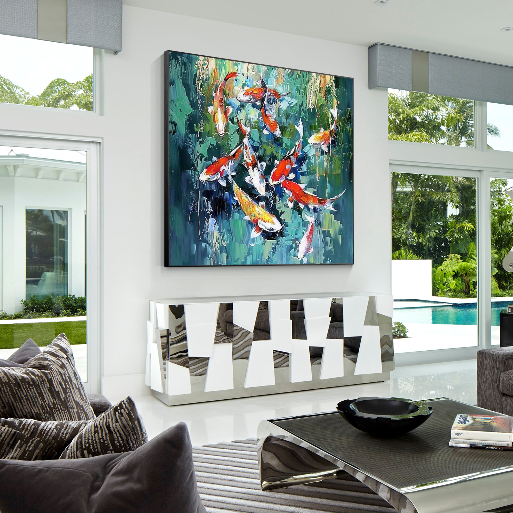 Original square koi fish painting in green tones, Feng Shui-inspired framed wall art for large living room decor or modern interiors.