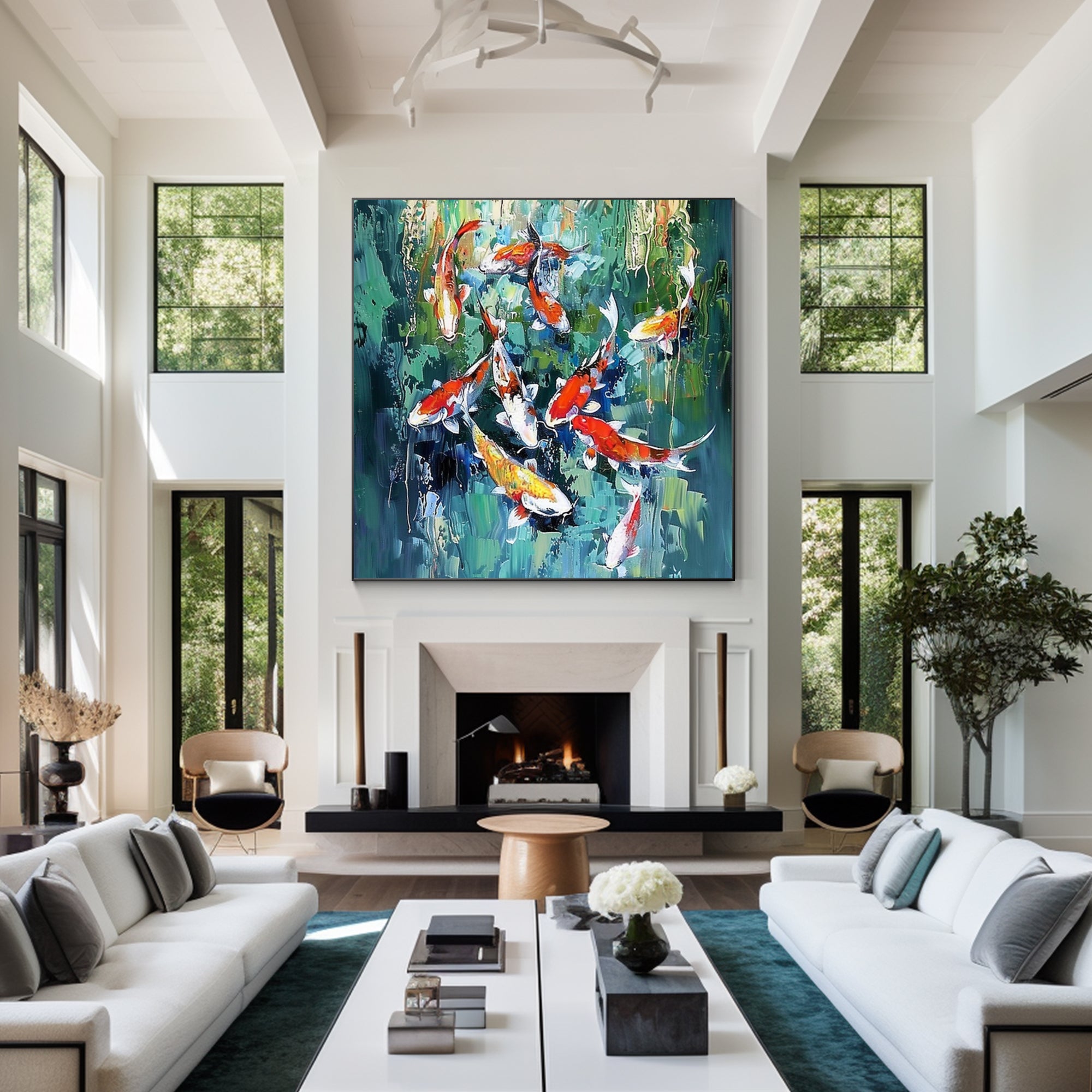 Original square koi fish painting in green tones, Feng Shui-inspired framed wall art for large living room decor or modern interiors.