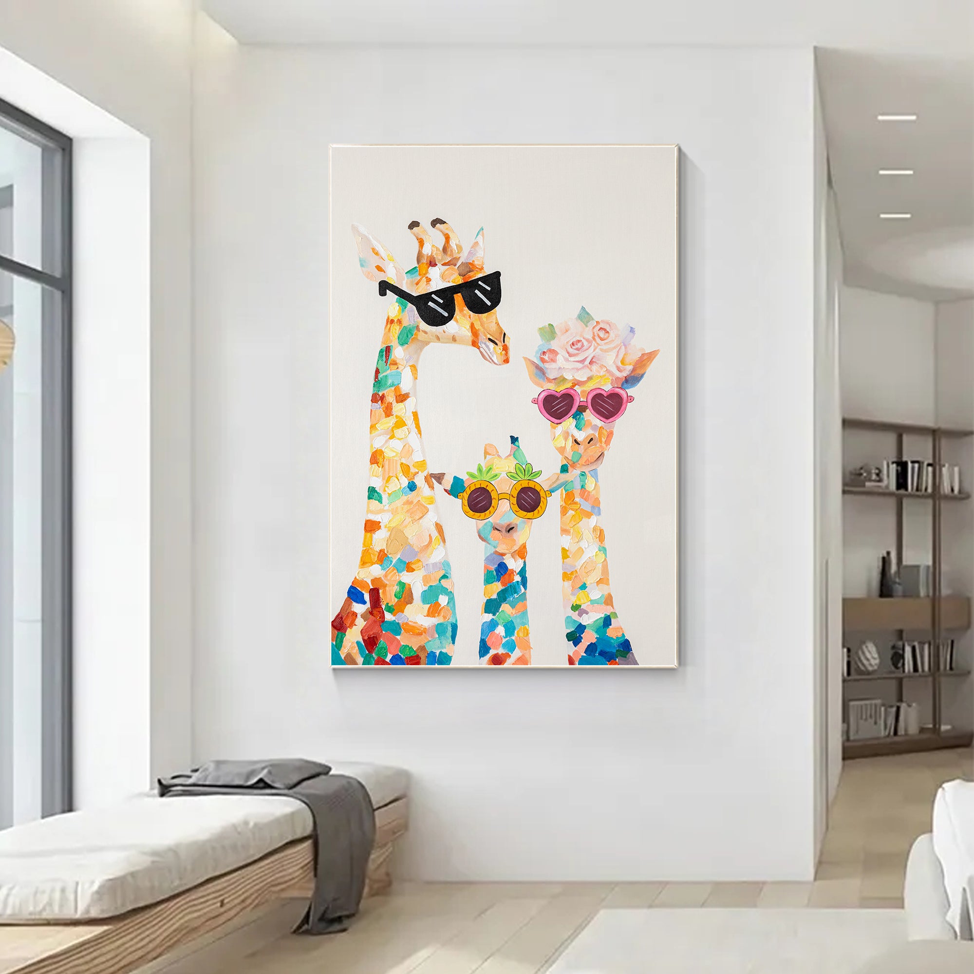 Original großes Giraffenfamiliengemälde