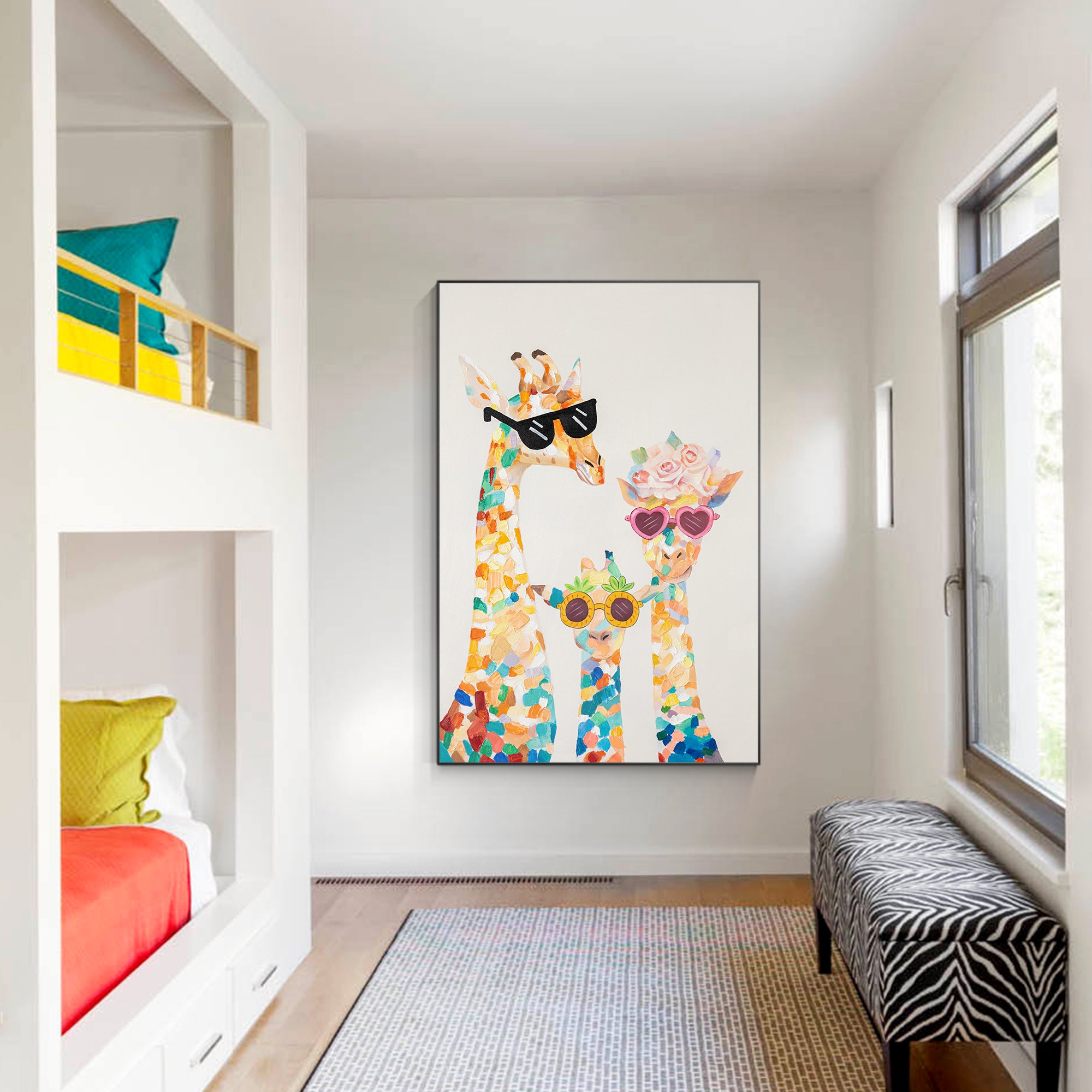 Original großes Giraffenfamiliengemälde