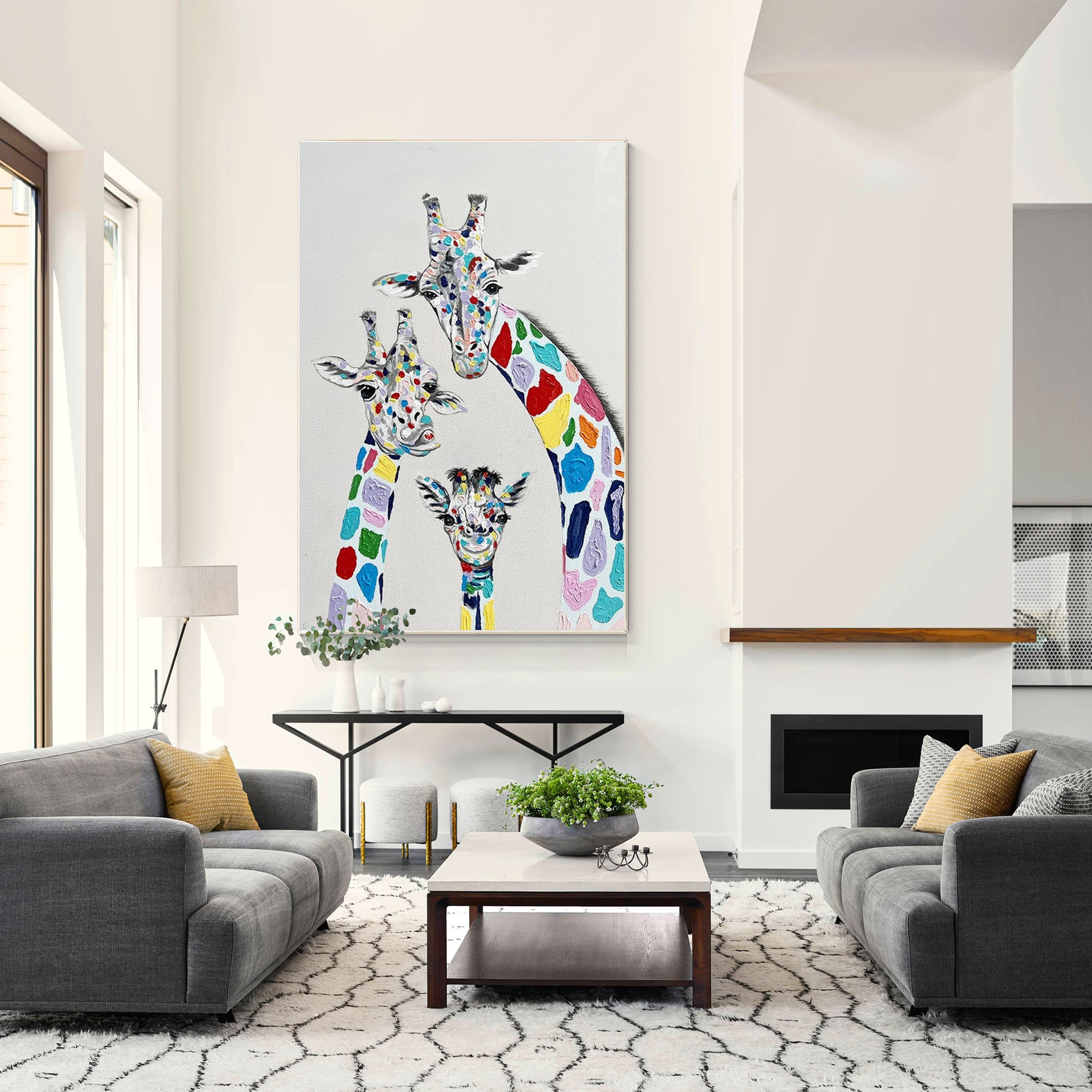 Original großes Giraffenfamiliengemälde