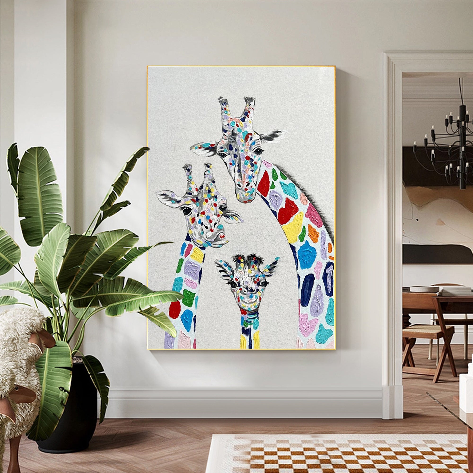 Original großes Giraffenfamiliengemälde