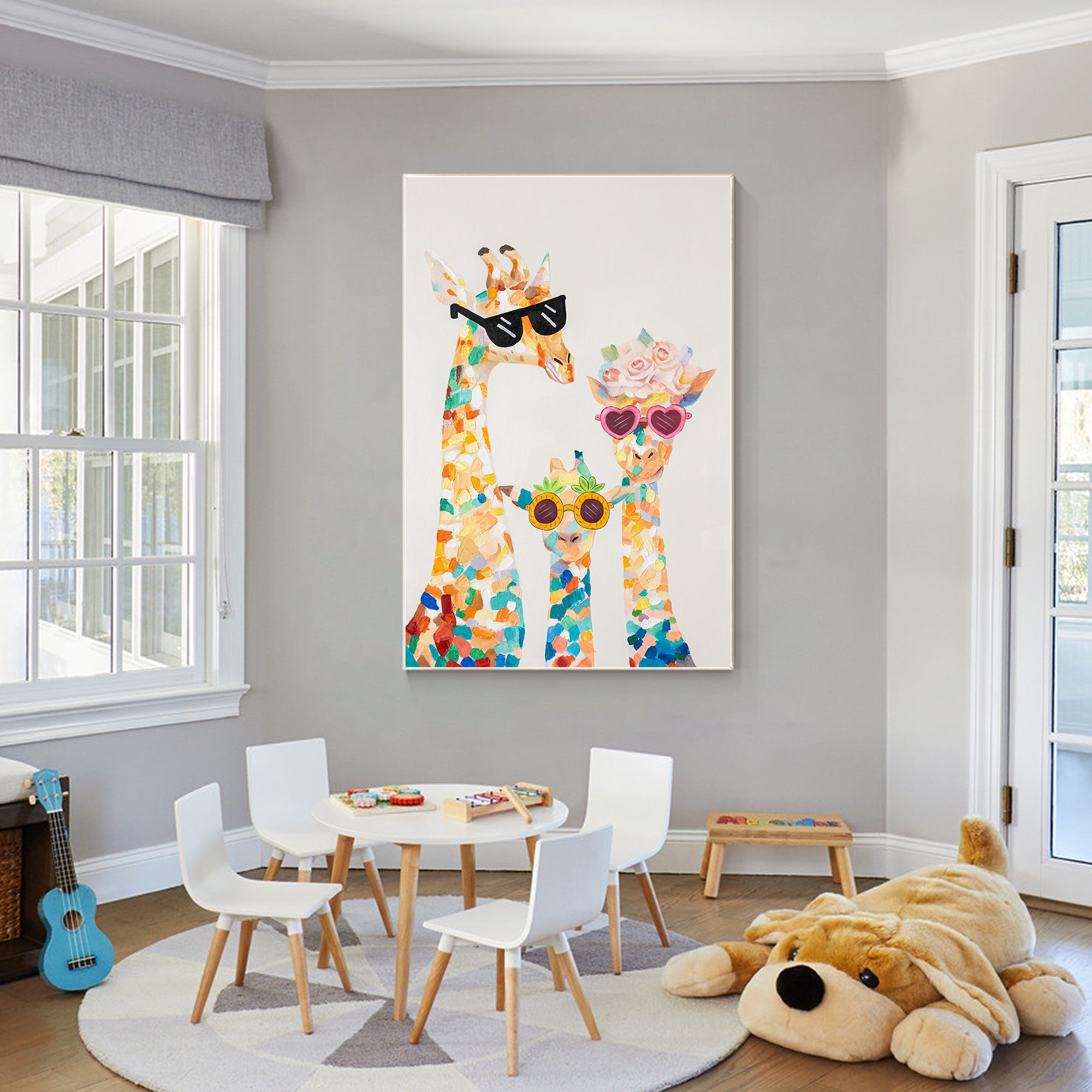 Original großes Giraffenfamiliengemälde