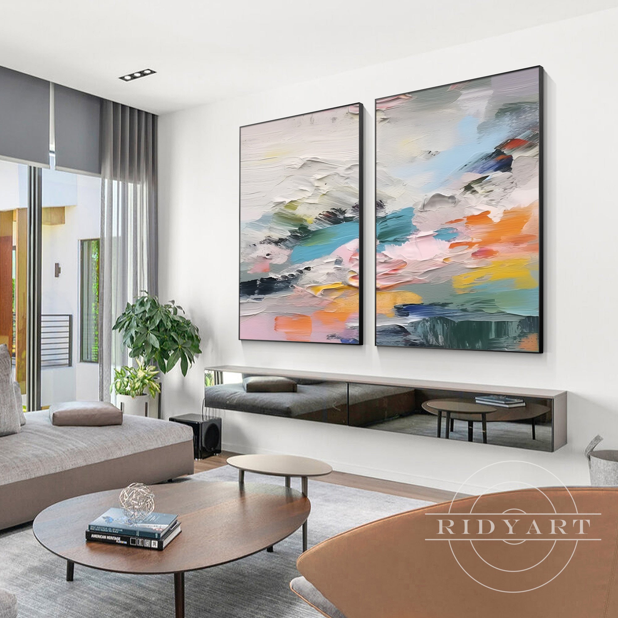 Set of 2 pastel abstract textured oil paintings for living room decor