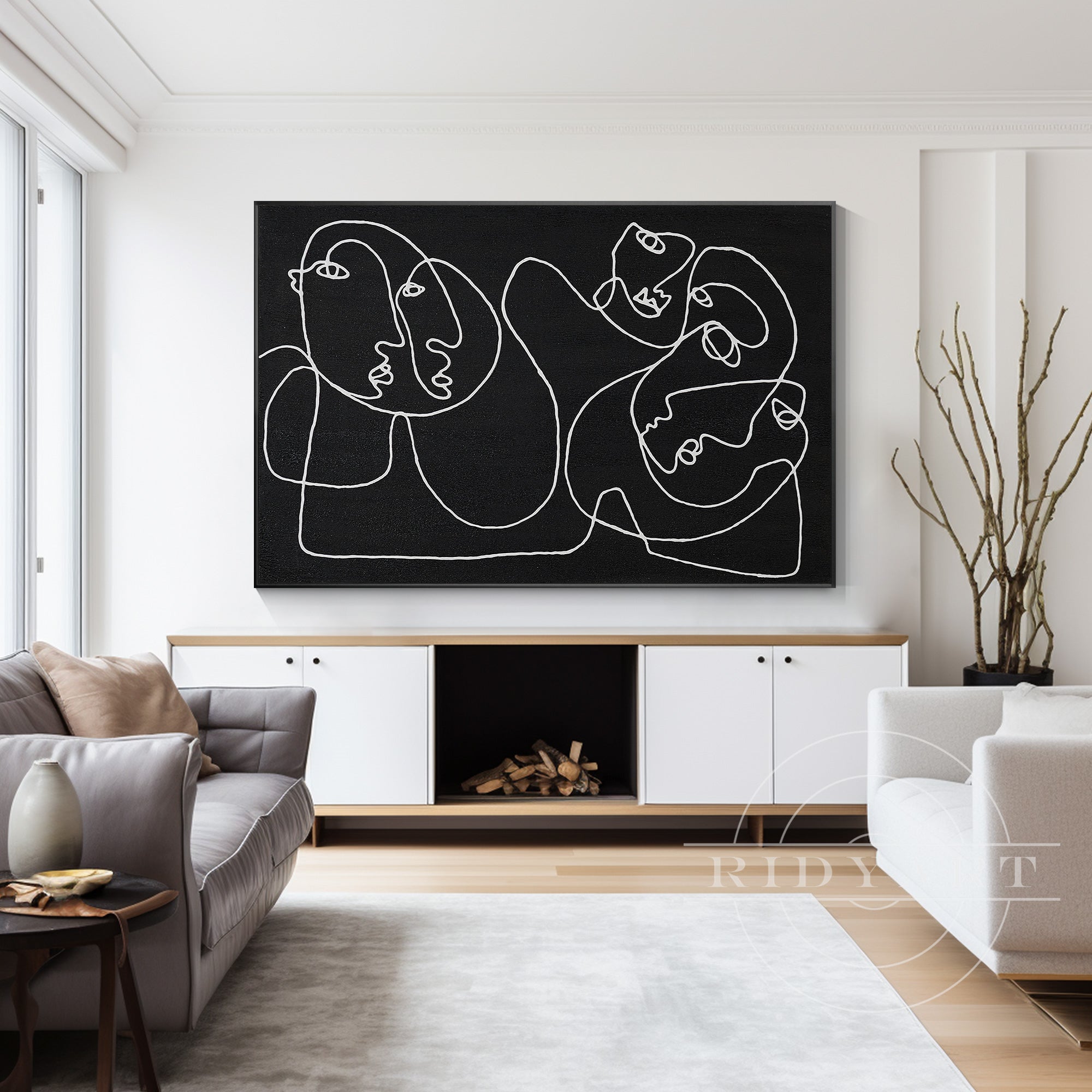 Extra-large Picasso-inspired one-line art in matte black on canvas, minimalist wall decor for modern oversized spaces and contemporary black interiors.