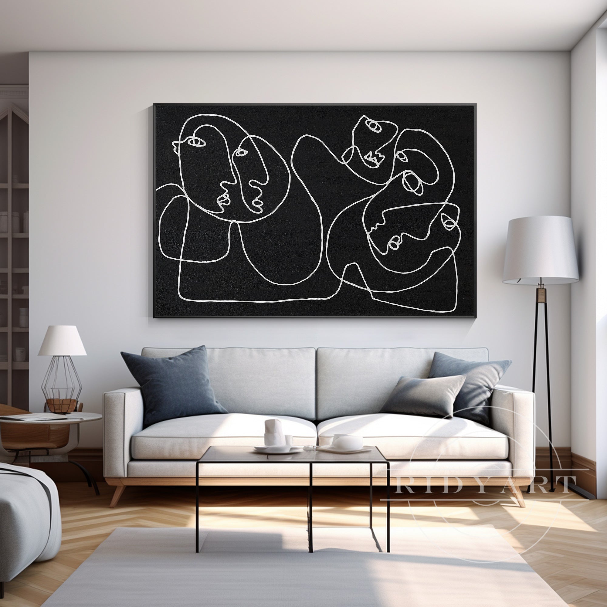 Extra-large Picasso-inspired one-line art in matte black on canvas, minimalist wall decor for modern oversized spaces and contemporary black interiors.