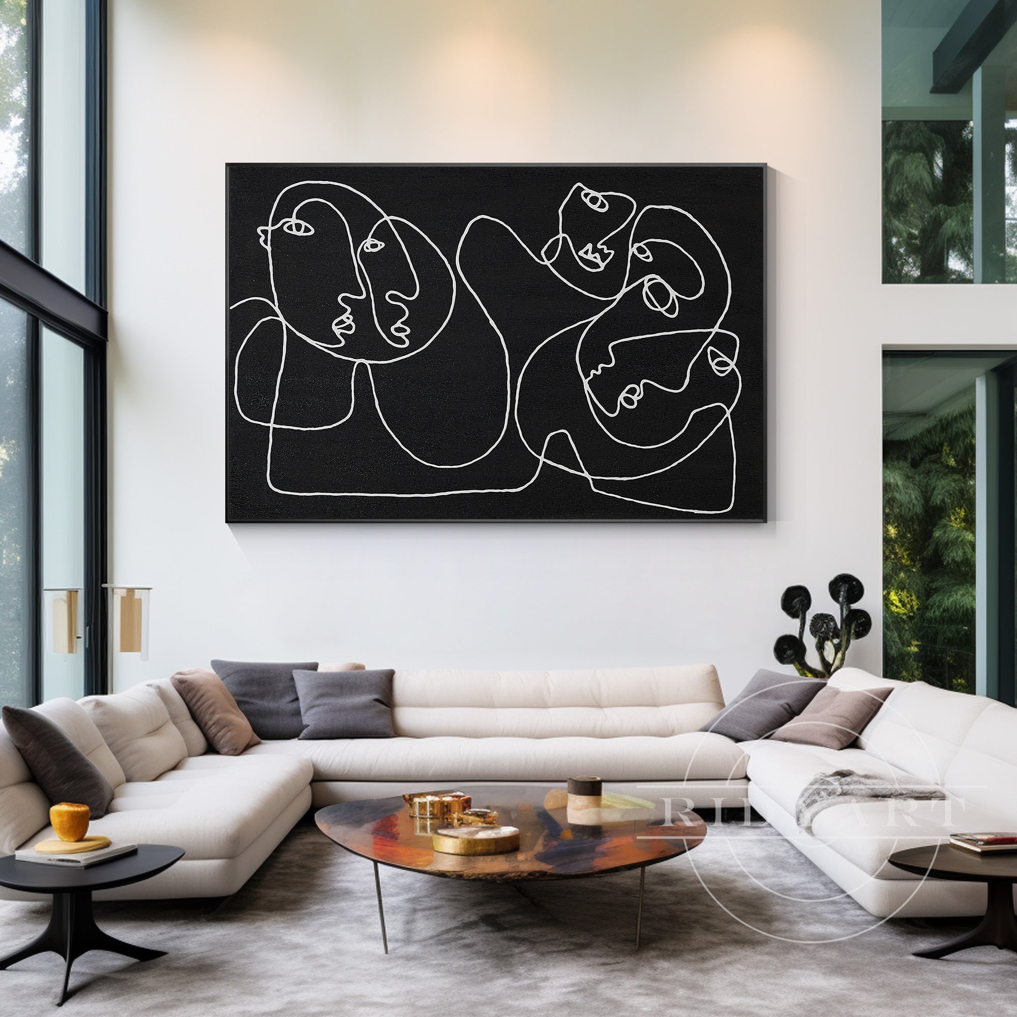 Extra-large Picasso-inspired one-line art in matte black on canvas, minimalist wall decor for modern oversized spaces and contemporary black interiors.