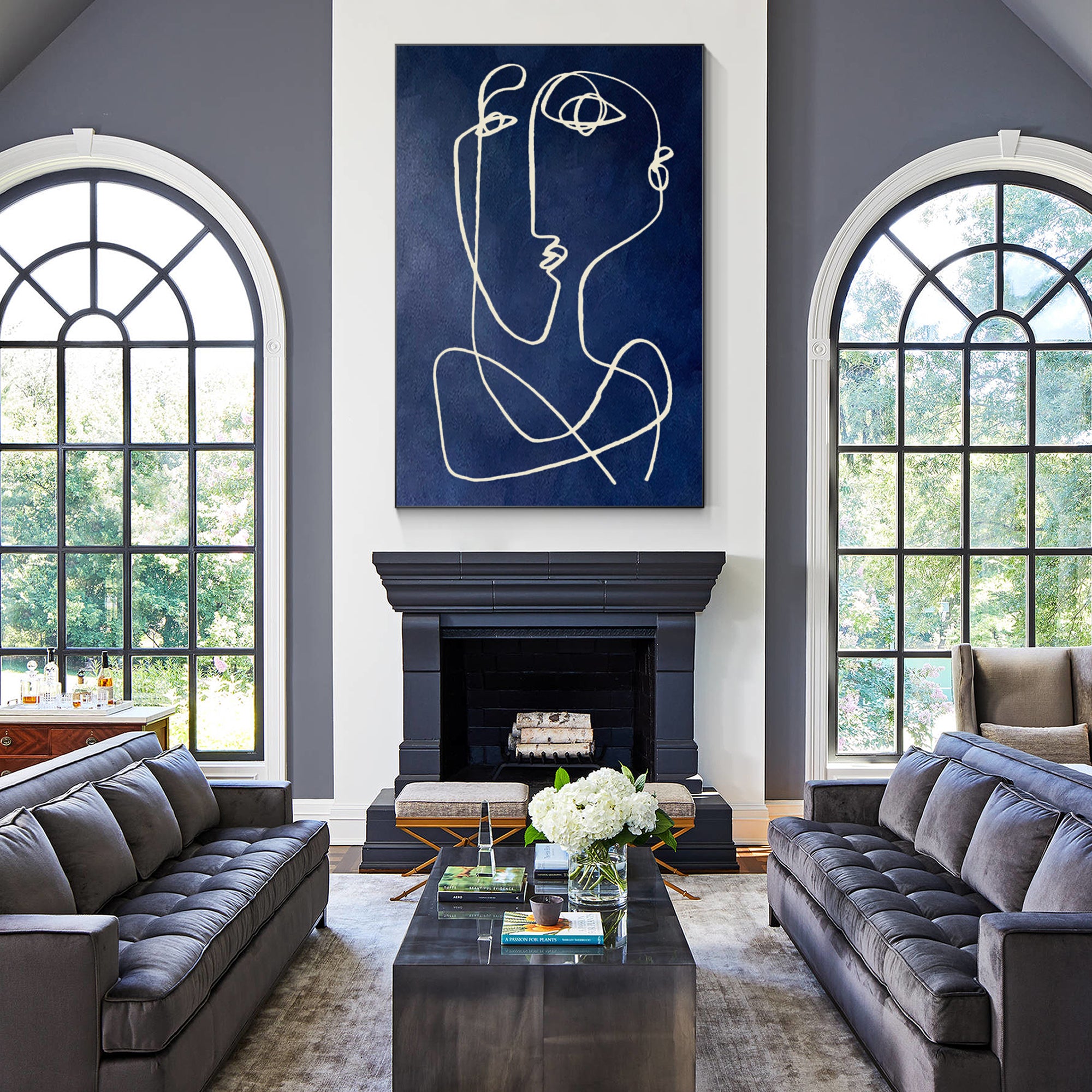 Extra-large navy blue Picasso line art painting on canvas with abstract textures, ideal for minimalist wall decor in modern living rooms or bedrooms.