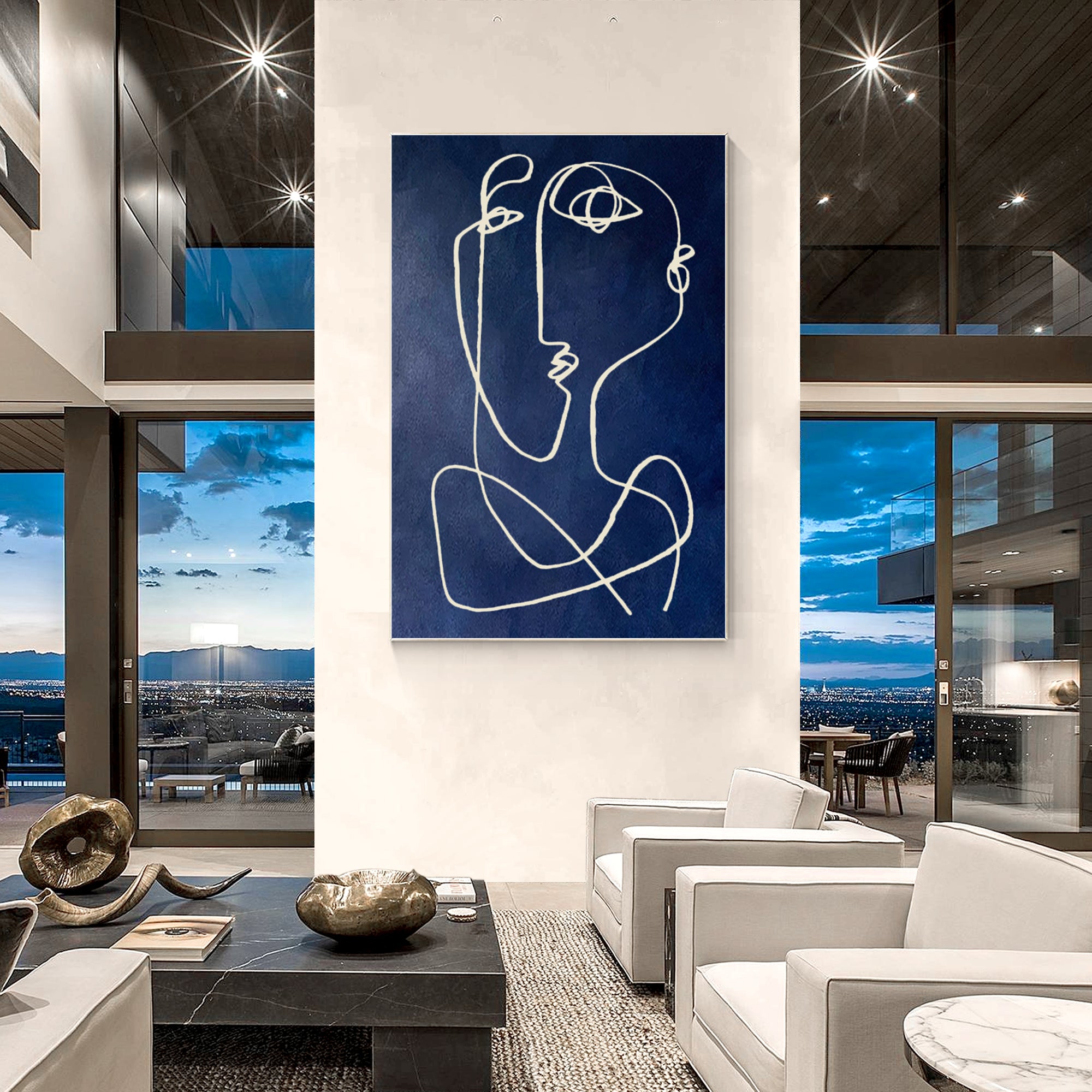 Extra-large navy blue Picasso line art painting on canvas with abstract textures, ideal for minimalist wall decor in modern living rooms or bedrooms.