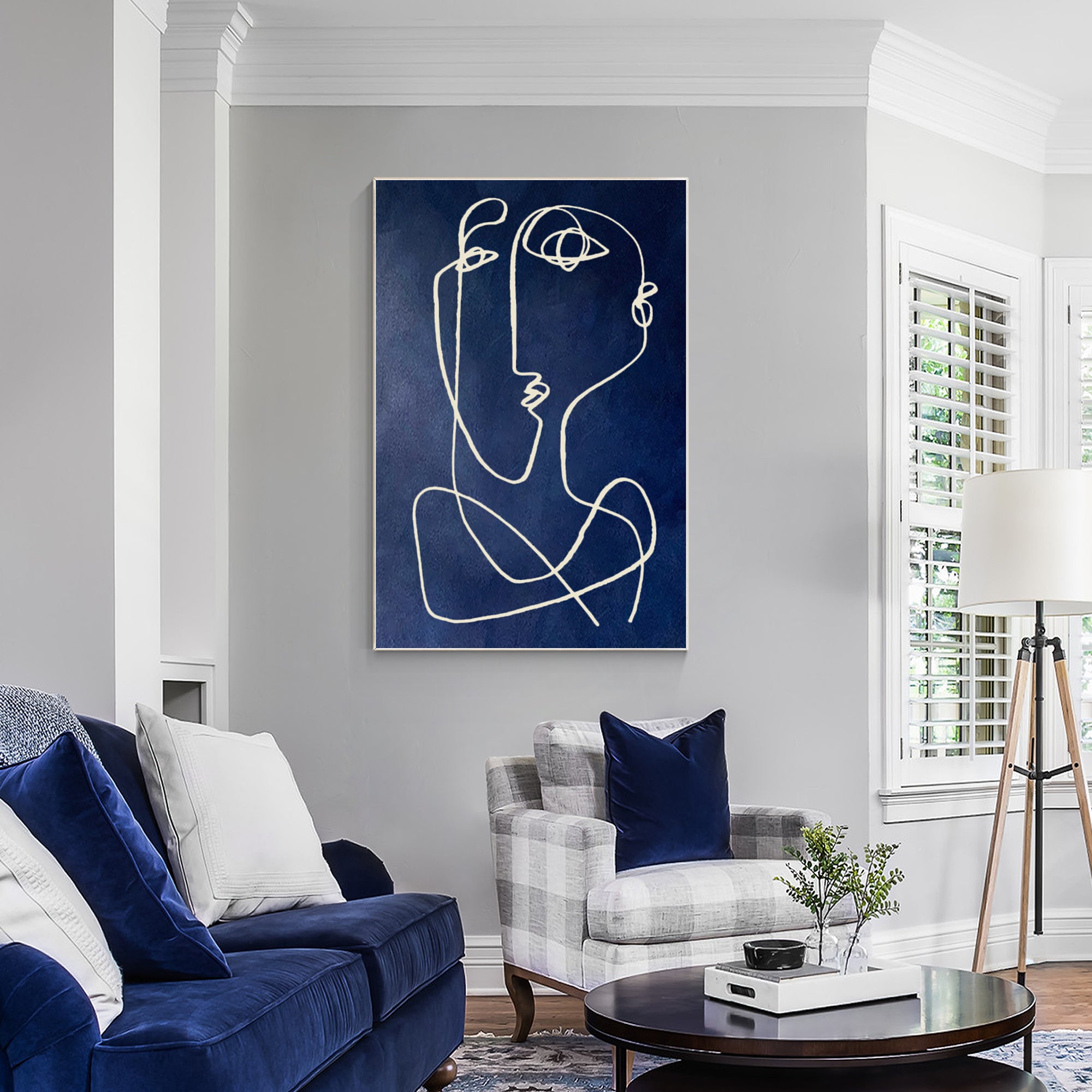 Extra-large navy blue Picasso line art painting on canvas with abstract textures, ideal for minimalist wall decor in modern living rooms or bedrooms.