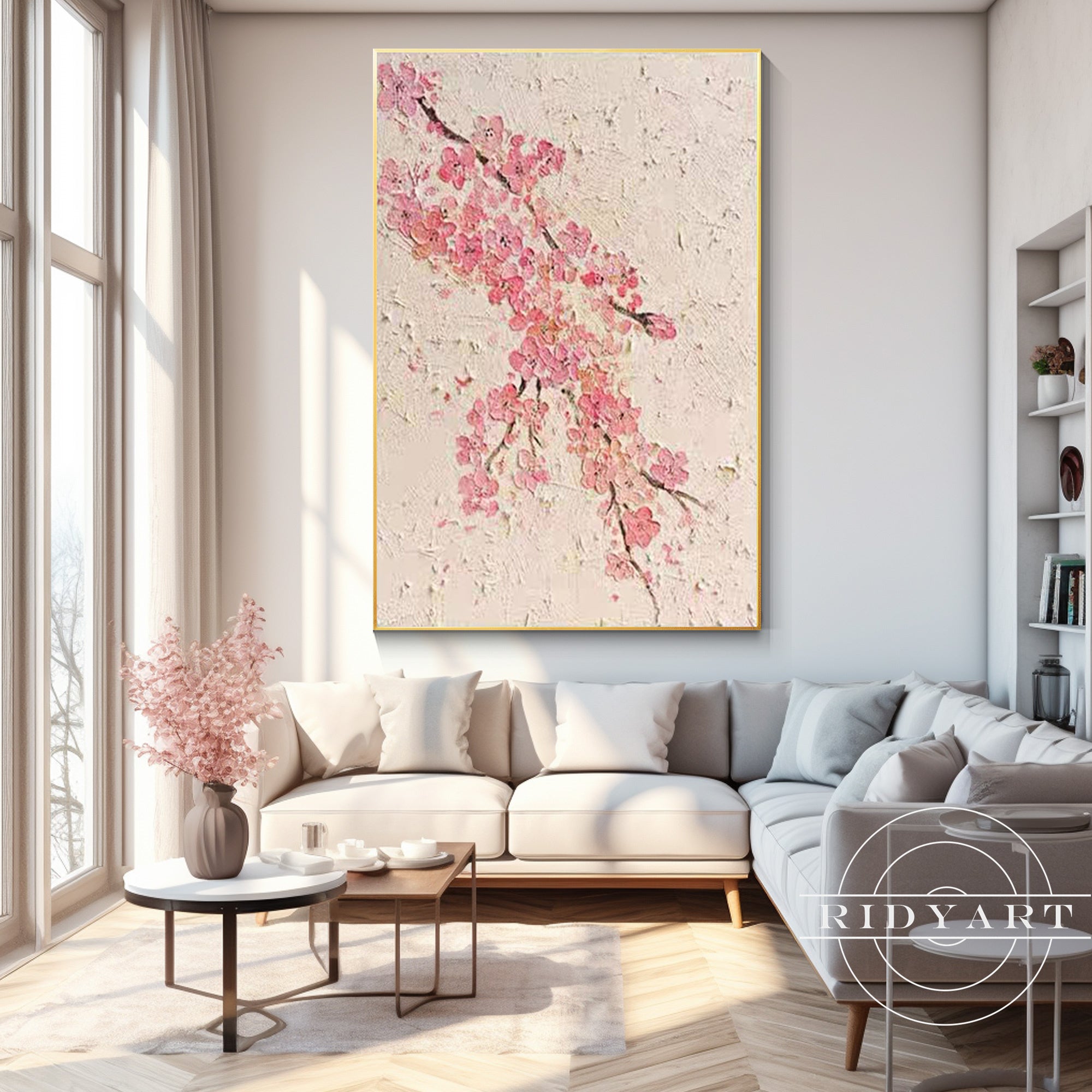 Pink flower wall art with beige tones, showcasing delicate blooms in a soothing color palette for elegant home decor