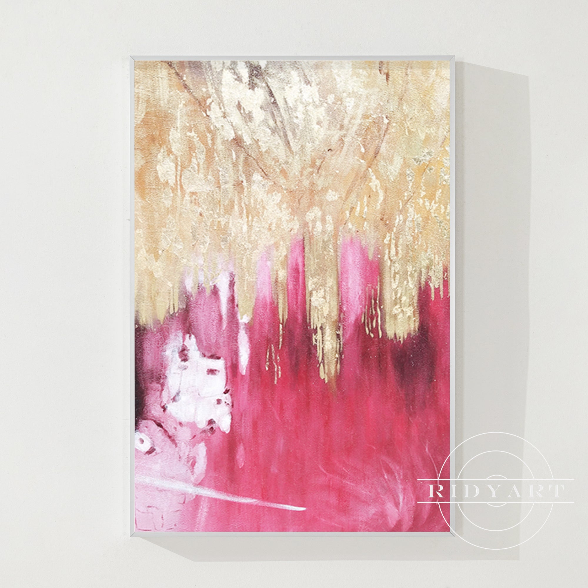 Pintura abstracta en lienzo con lámina de oro rosa para pared