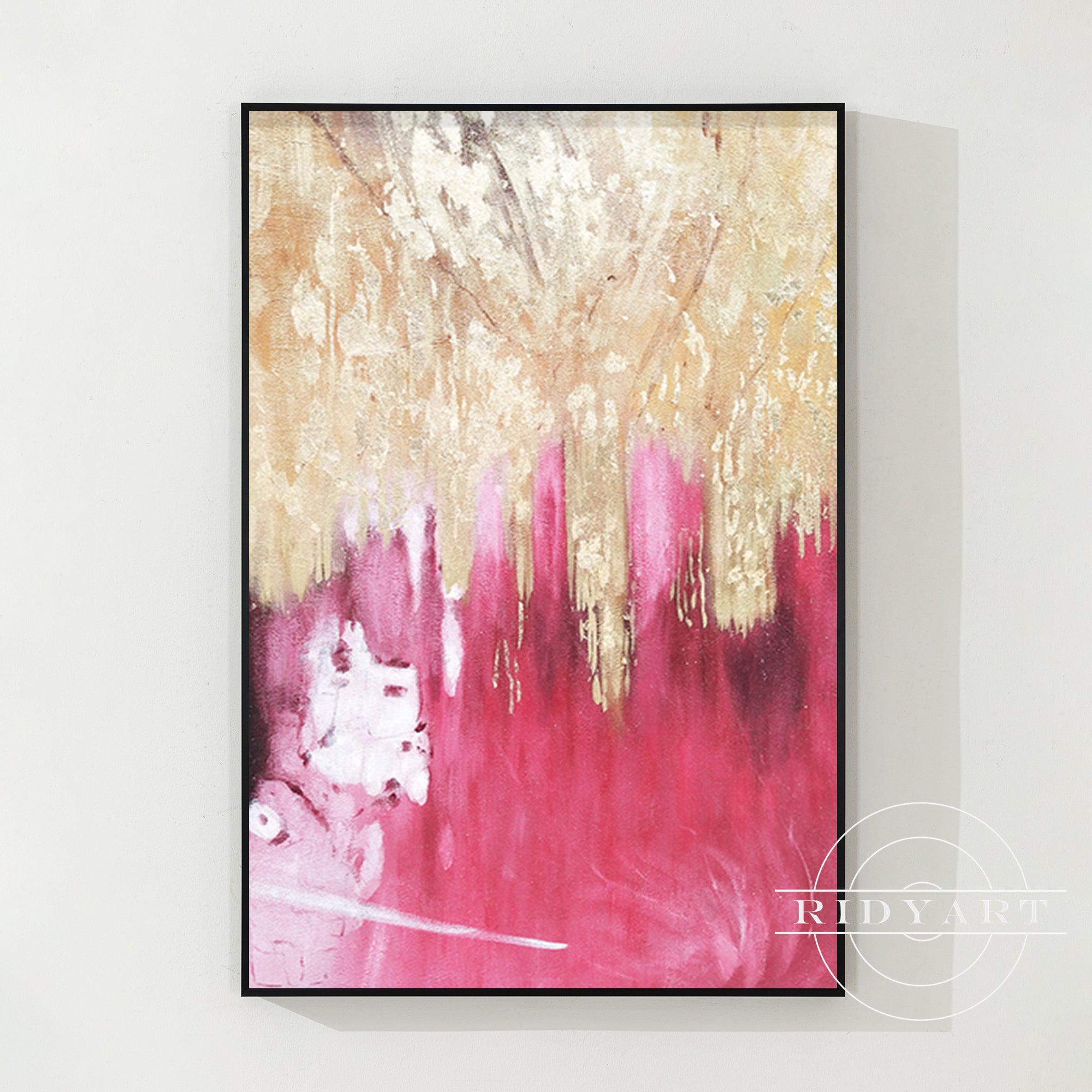 Pintura abstracta en lienzo con lámina de oro rosa para pared