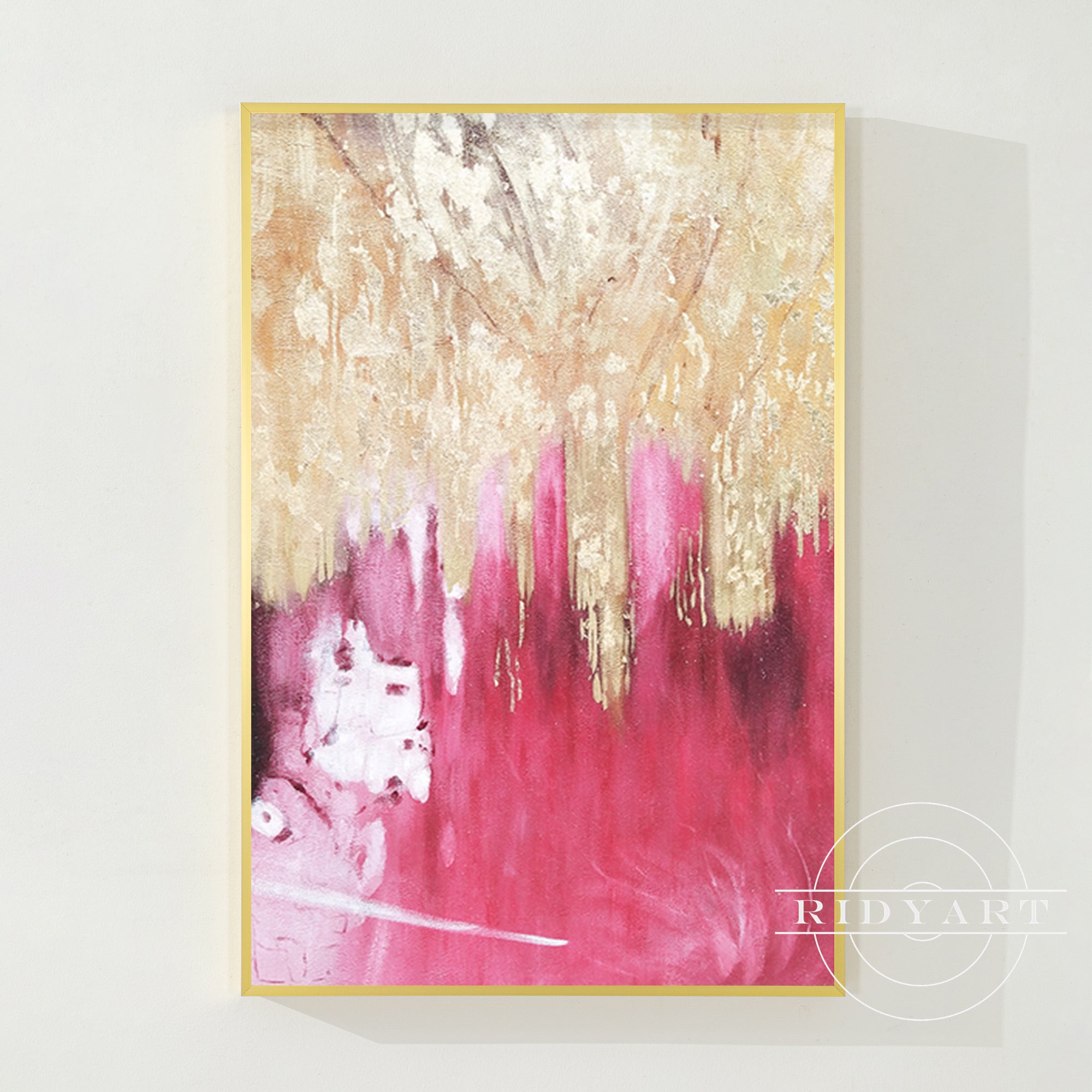 Pintura abstracta en lienzo con lámina de oro rosa para pared