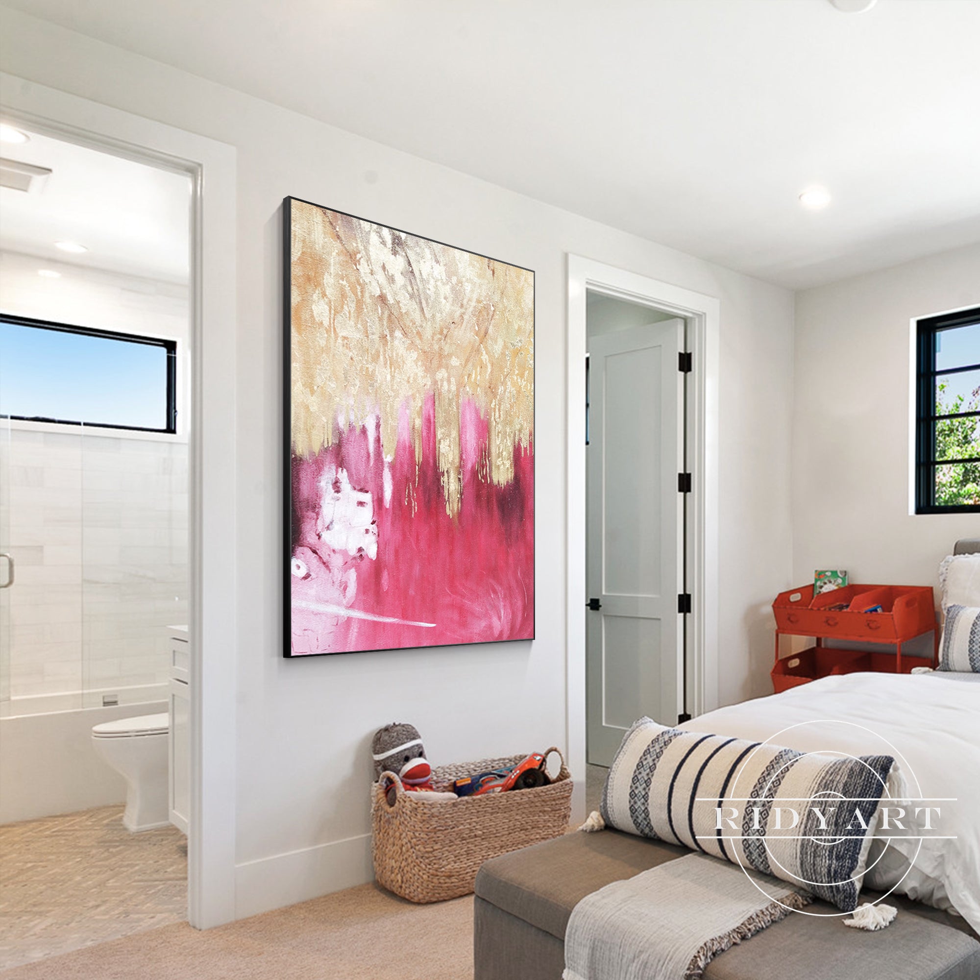 Pintura abstracta en lienzo con lámina de oro rosa para pared