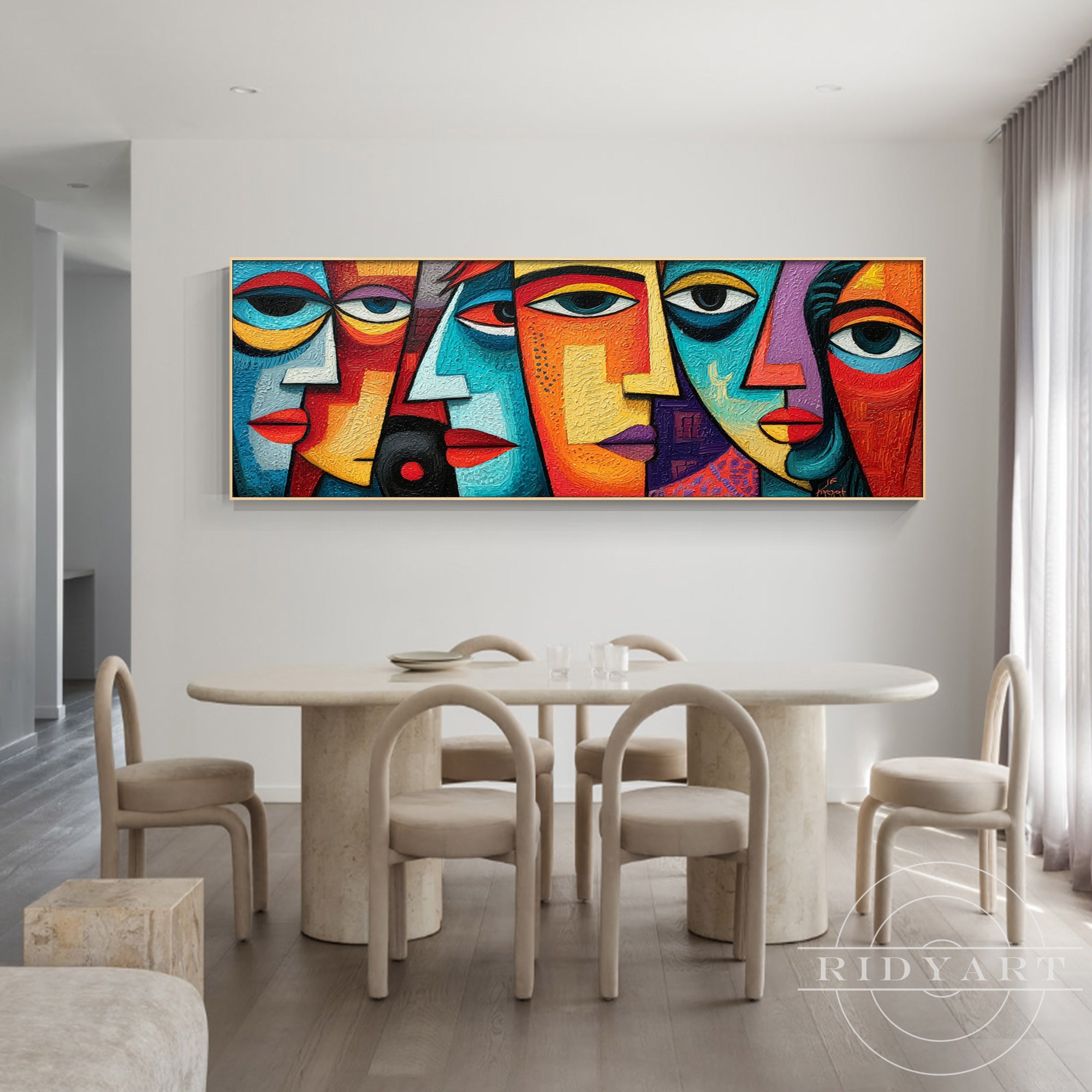 Horizontal abstract painting of 5 geometric faces on a white gallery wall.