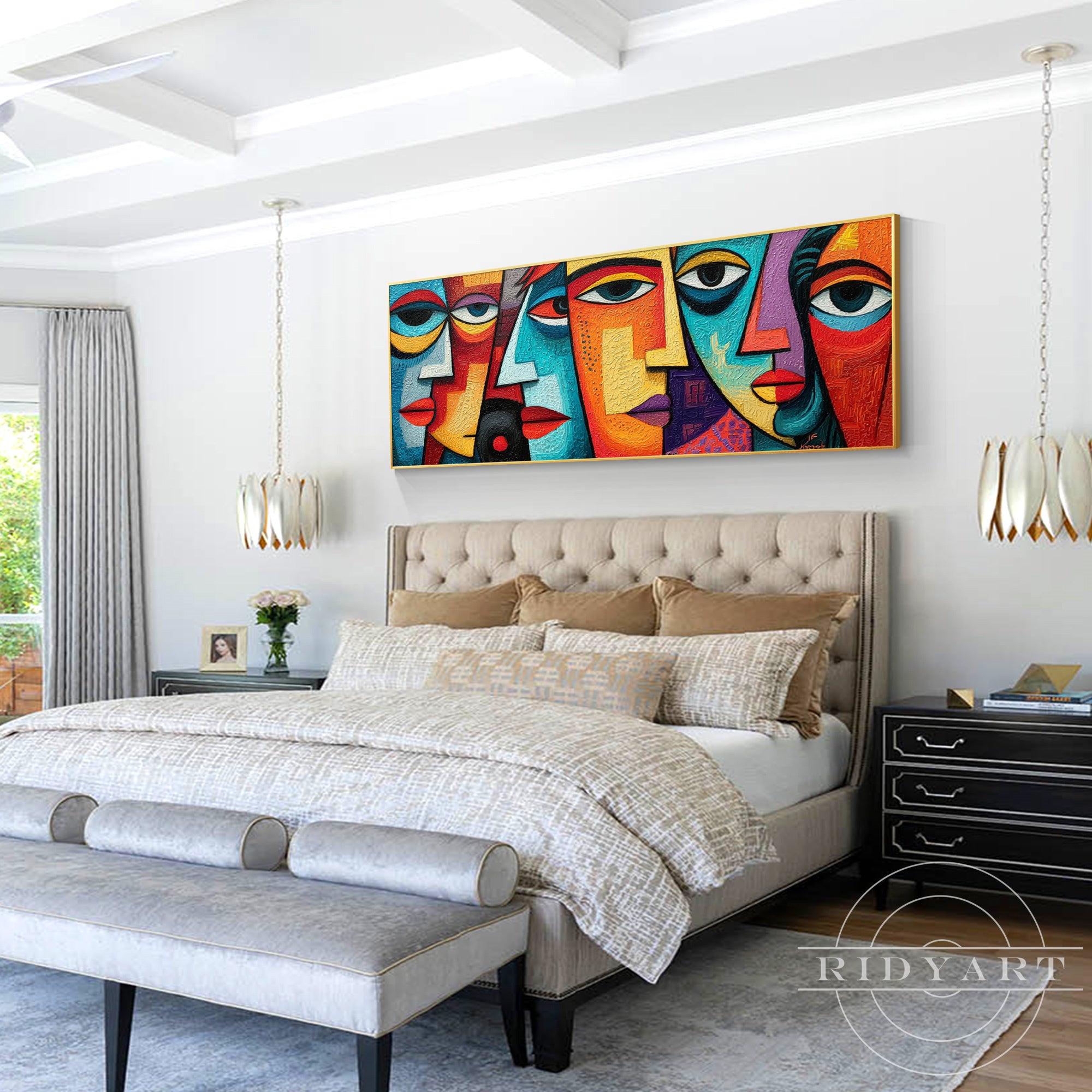 Colorful cubist artwork, panoramic canvas print for living room wall decor