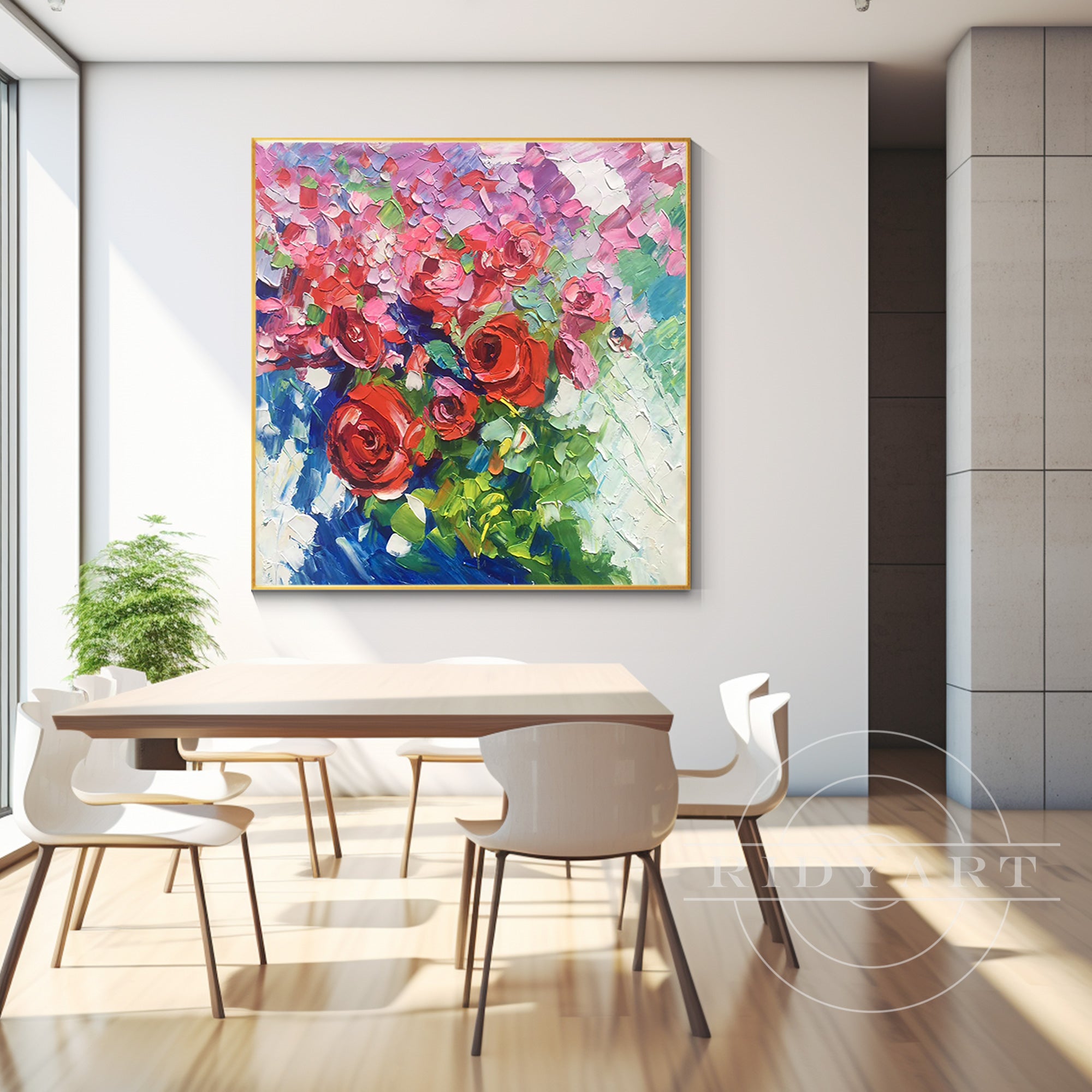 Square canvas wall art with abstract red and pink wildflowers, featuring 3D textured blooms, perfect for adding vibrant botanical charm to large spaces.