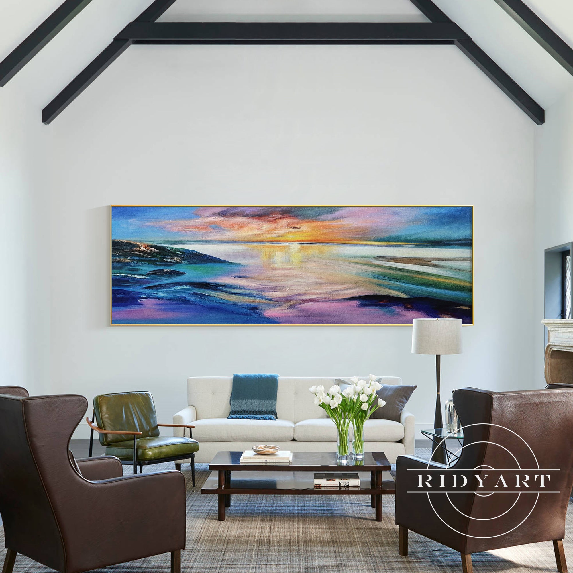 Oil painting of tranquil sea and rocky shores at sunrise