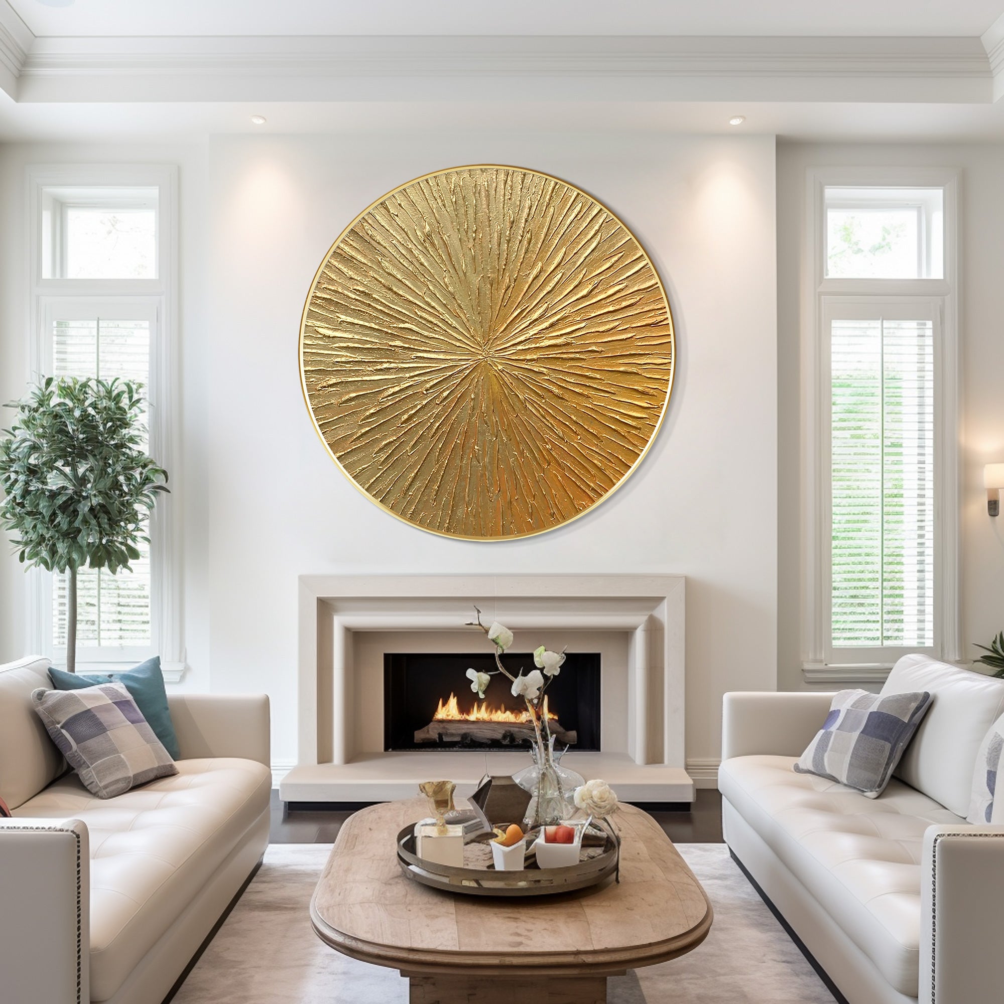 Gold Leaf 3D Textured Round Wall Art - Framed Nordic Decor