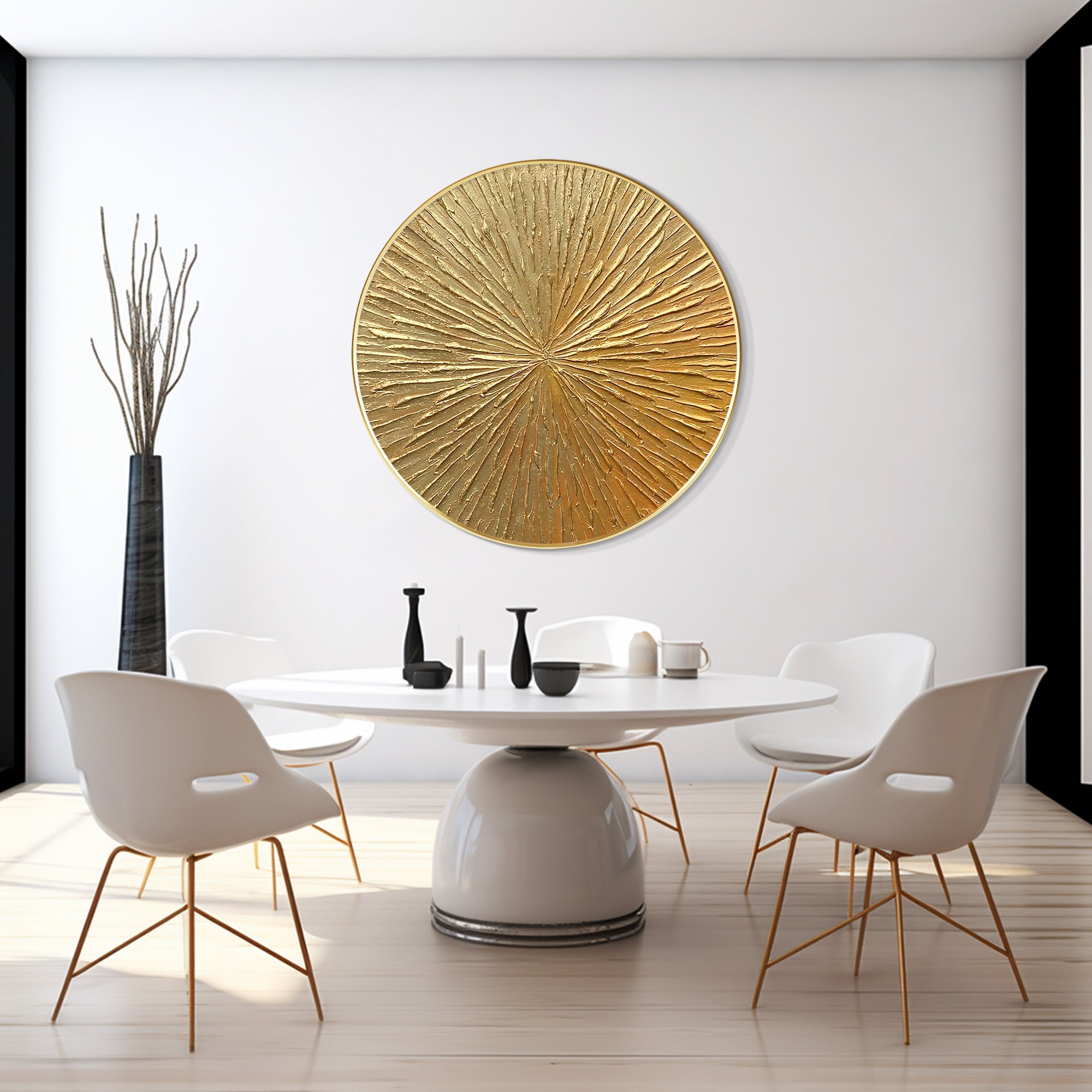 Gold Leaf 3D Textured Round Wall Art - Framed Nordic Decor
