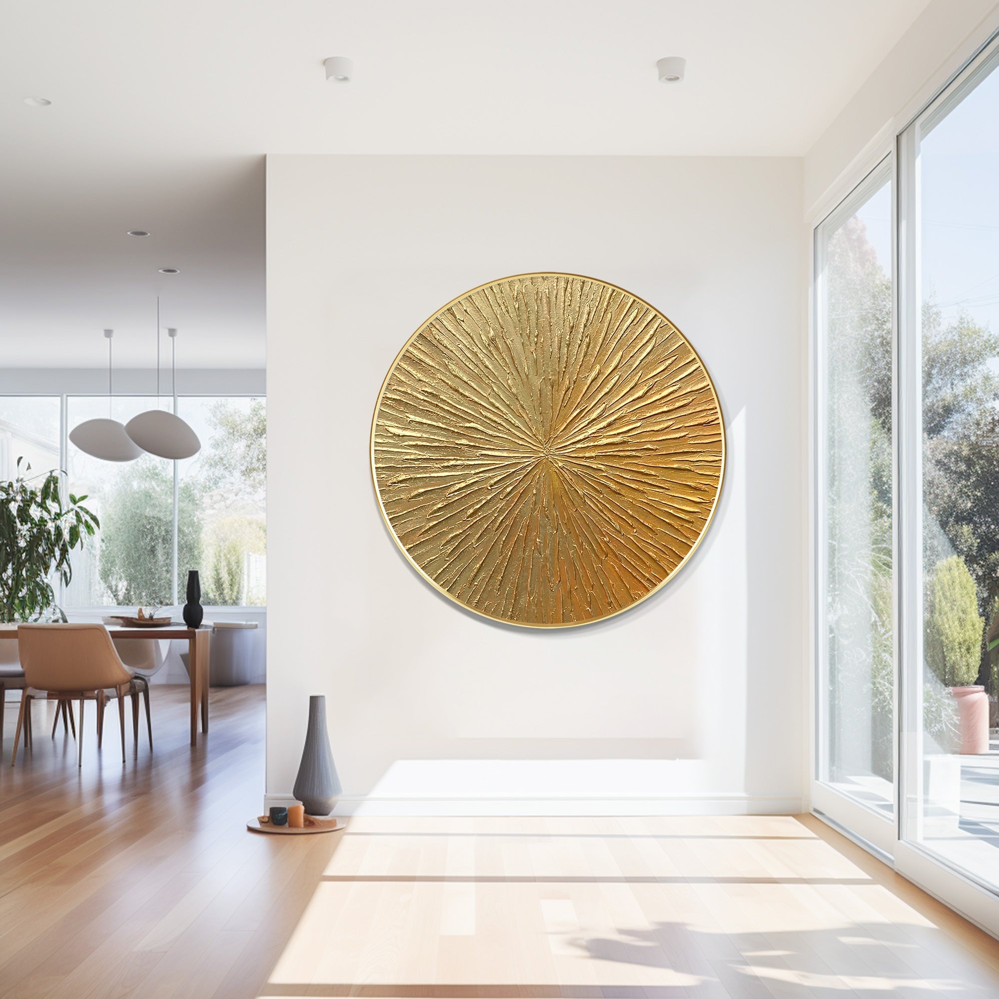 Gold Leaf 3D Textured Round Wall Art - Framed Nordic Decor