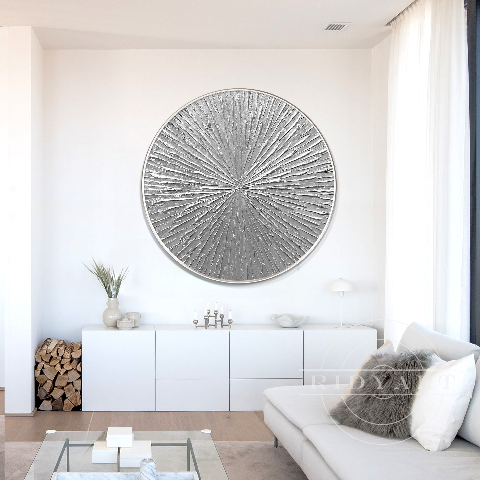 Round silver leaf 3D textured wall art with circular lines, framed and minimalist, perfect for modern Nordic decor on canvas.