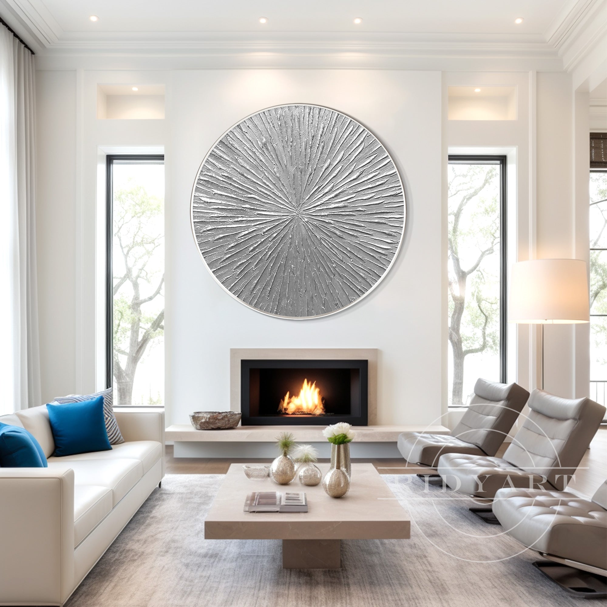 Round silver leaf 3D textured wall art with circular lines, framed and minimalist, perfect for modern Nordic decor on canvas.