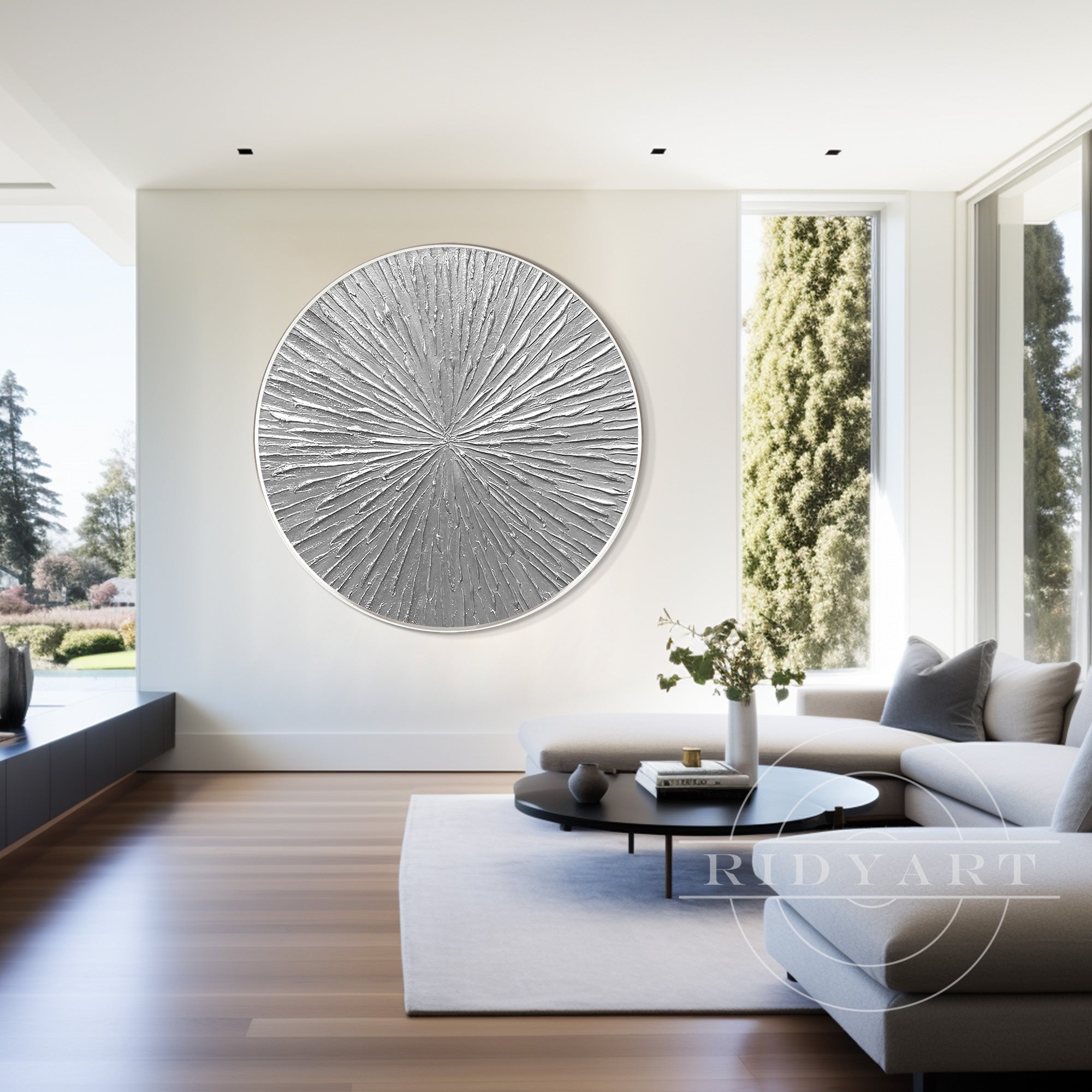 Round silver leaf 3D textured wall art with circular lines, framed and minimalist, perfect for modern Nordic decor on canvas.