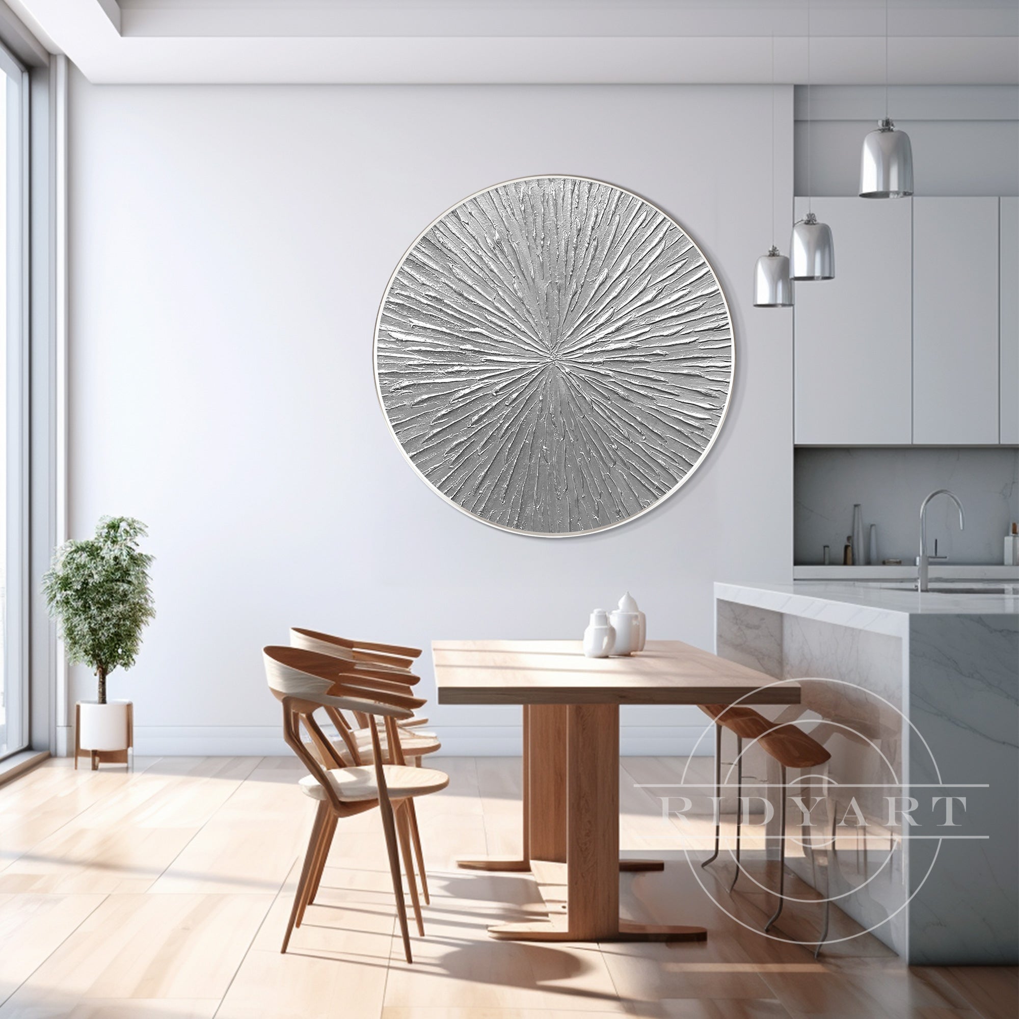 Round silver leaf 3D textured wall art with circular lines, framed and minimalist, perfect for modern Nordic decor on canvas.