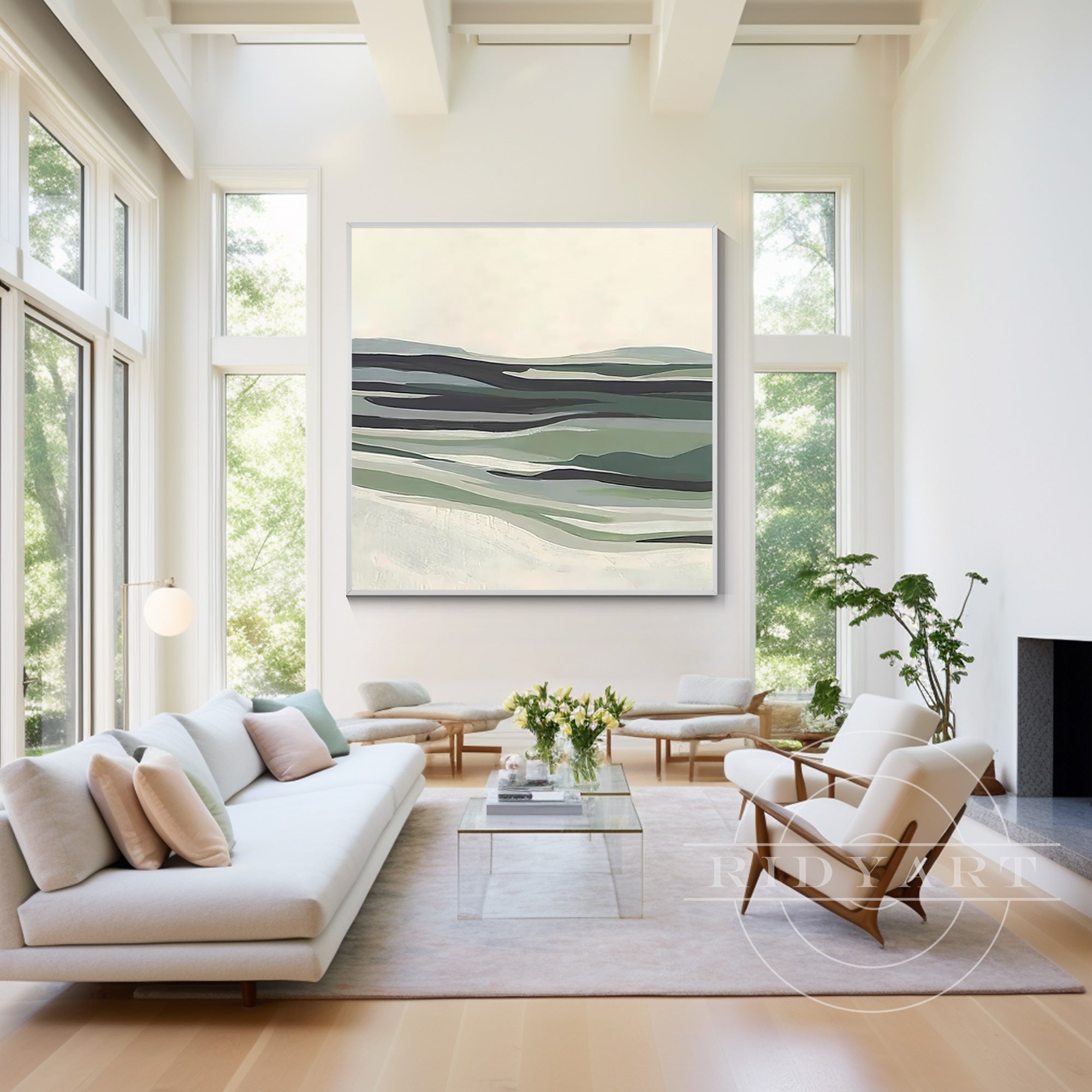 Square canvas painting of sage green abstract mountains, grasslands, and rivers, framed minimalist modern wall art for large contemporary spaces.