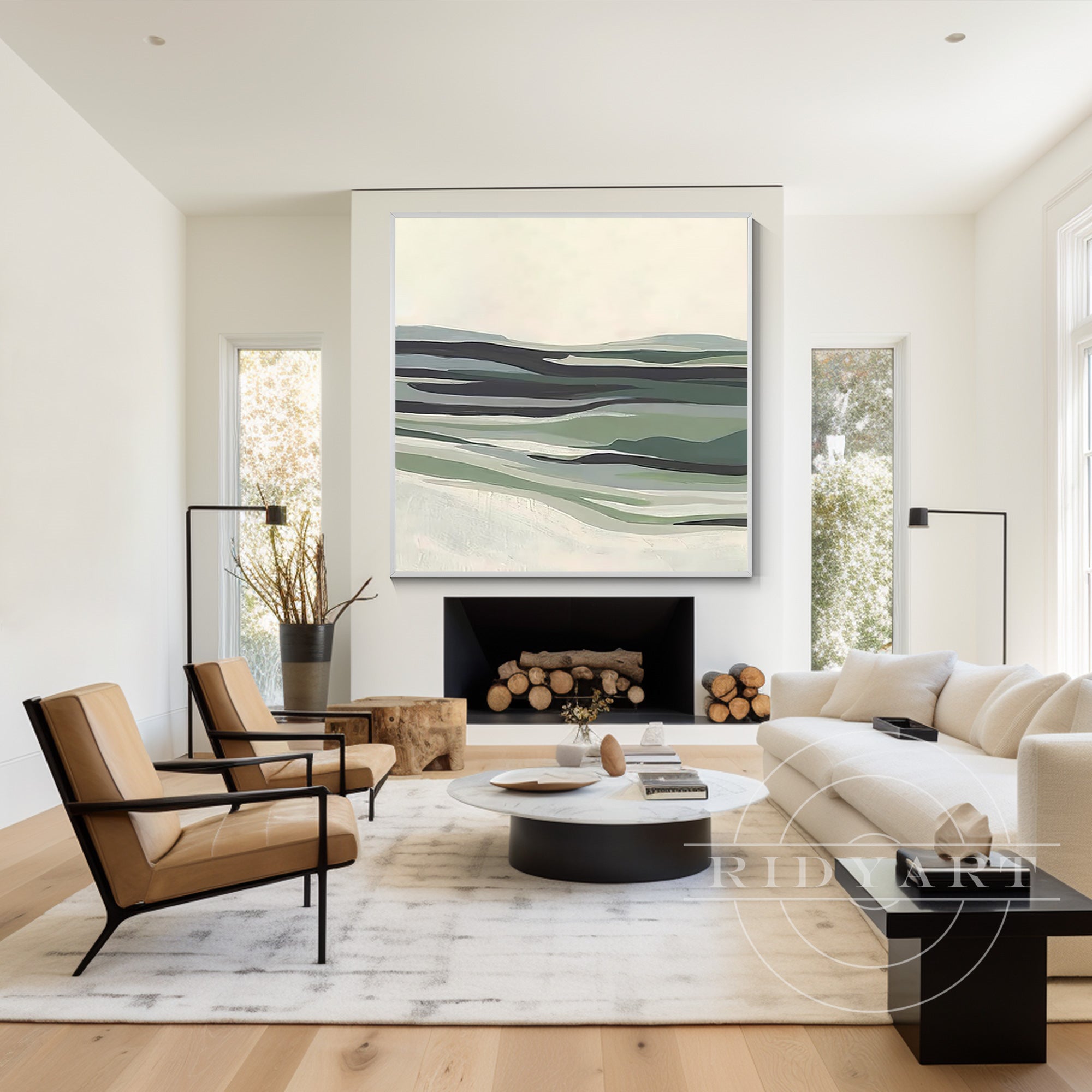 Square canvas painting of sage green abstract mountains, grasslands, and rivers, framed minimalist modern wall art for large contemporary spaces.