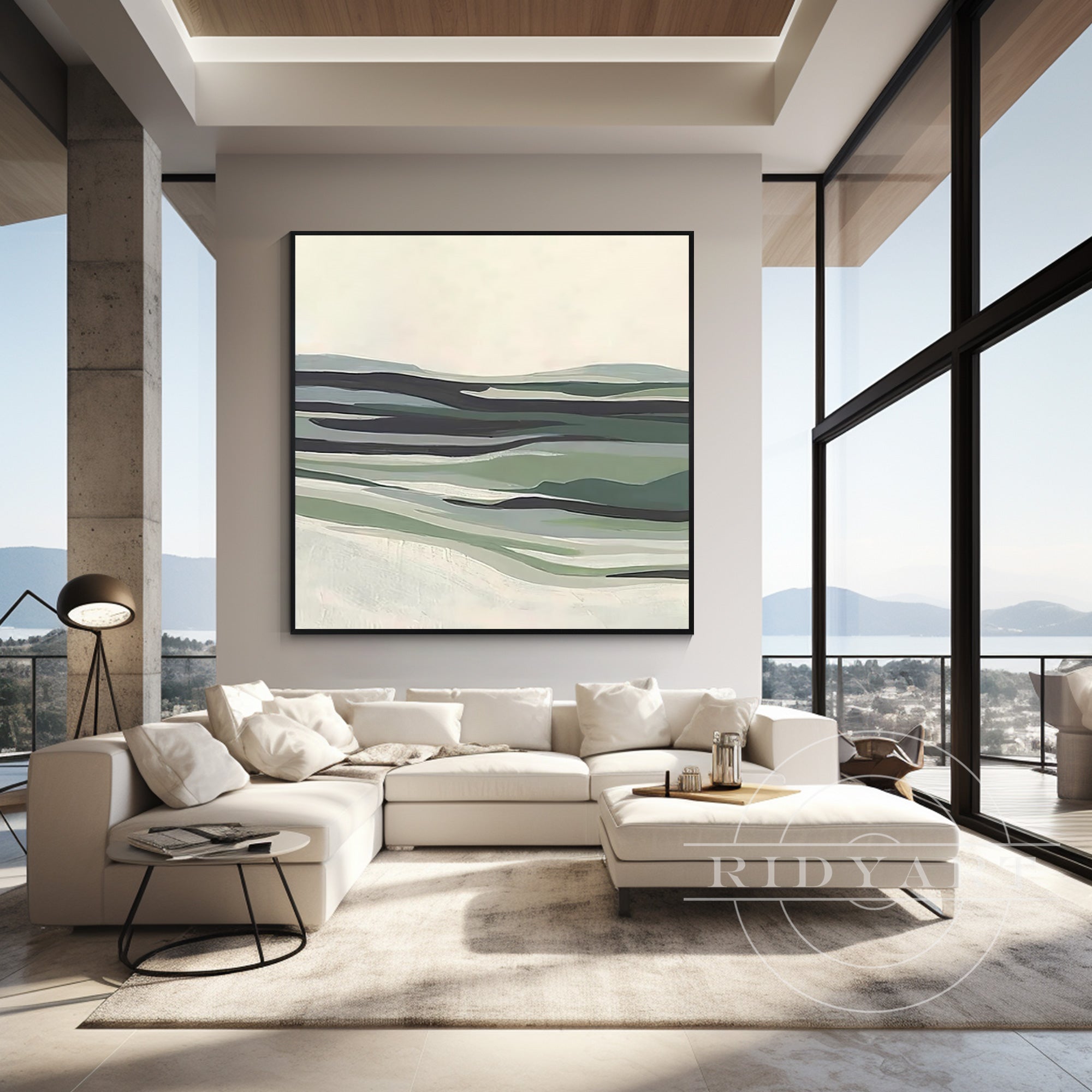 Square canvas painting of sage green abstract mountains, grasslands, and rivers, framed minimalist modern wall art for large contemporary spaces.