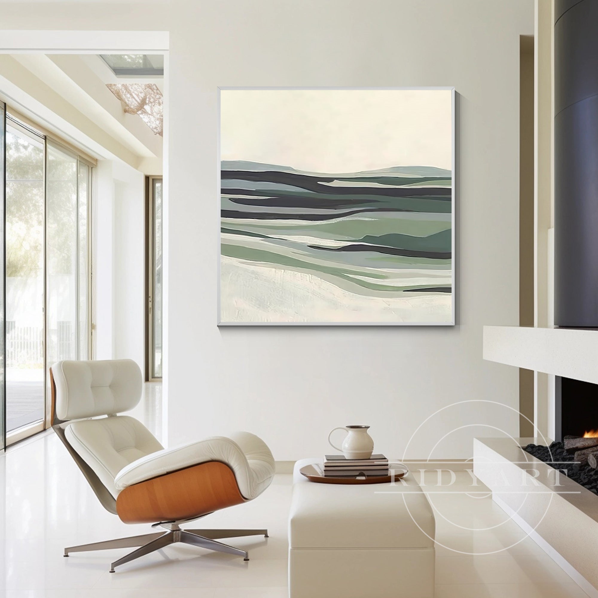 Square canvas painting of sage green abstract mountains, grasslands, and rivers, framed minimalist modern wall art for large contemporary spaces.