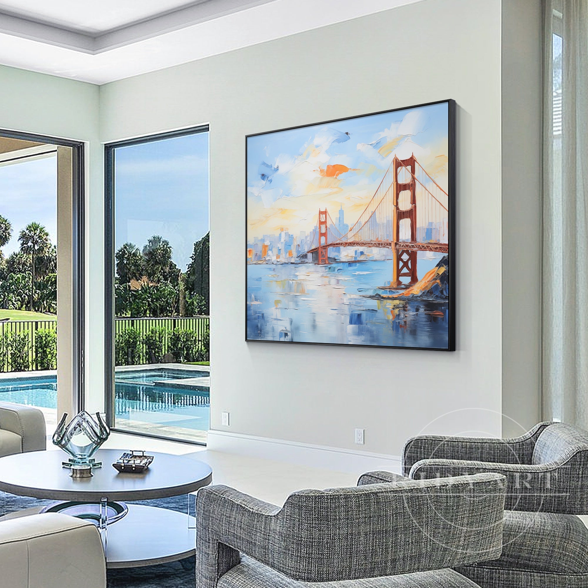 vibrant textured cityscape painting golden gate bridge art