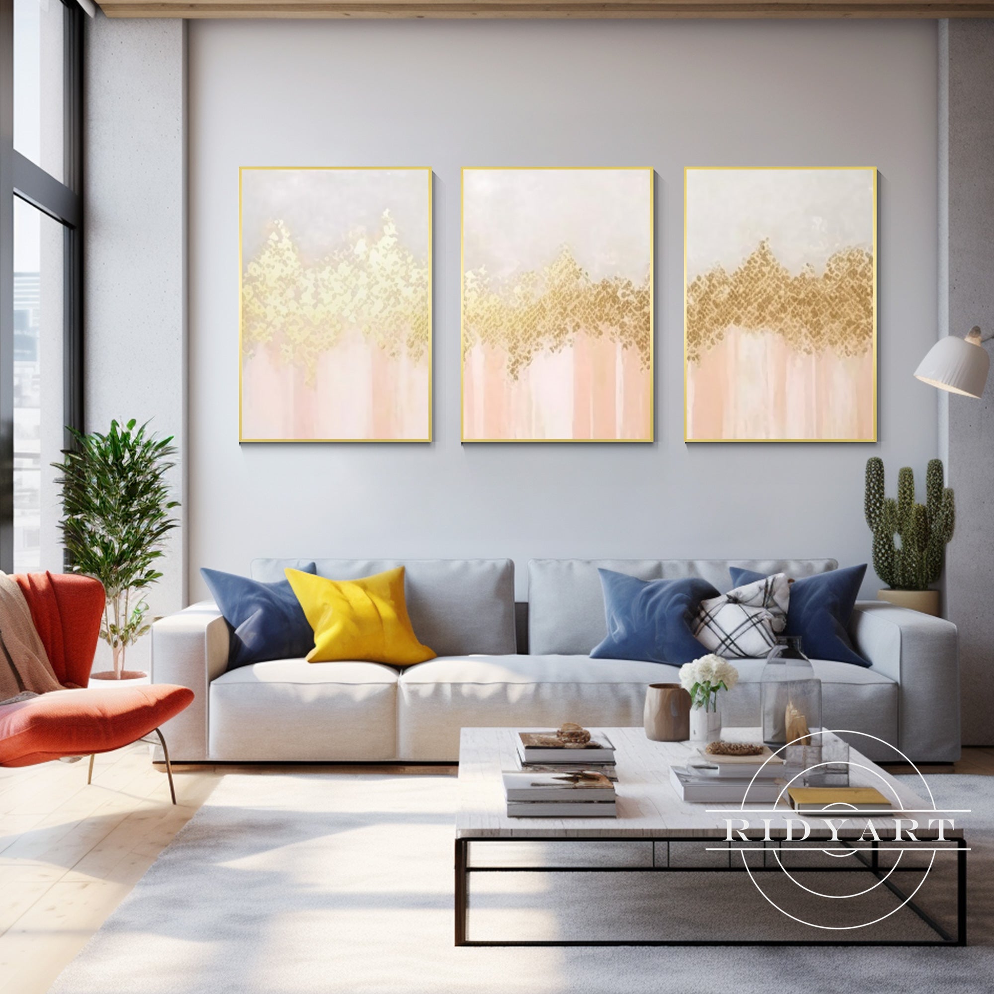 Abstract Gold wall art featuring vibrant shades of orange light and gold shapes, perfect for modern home decor