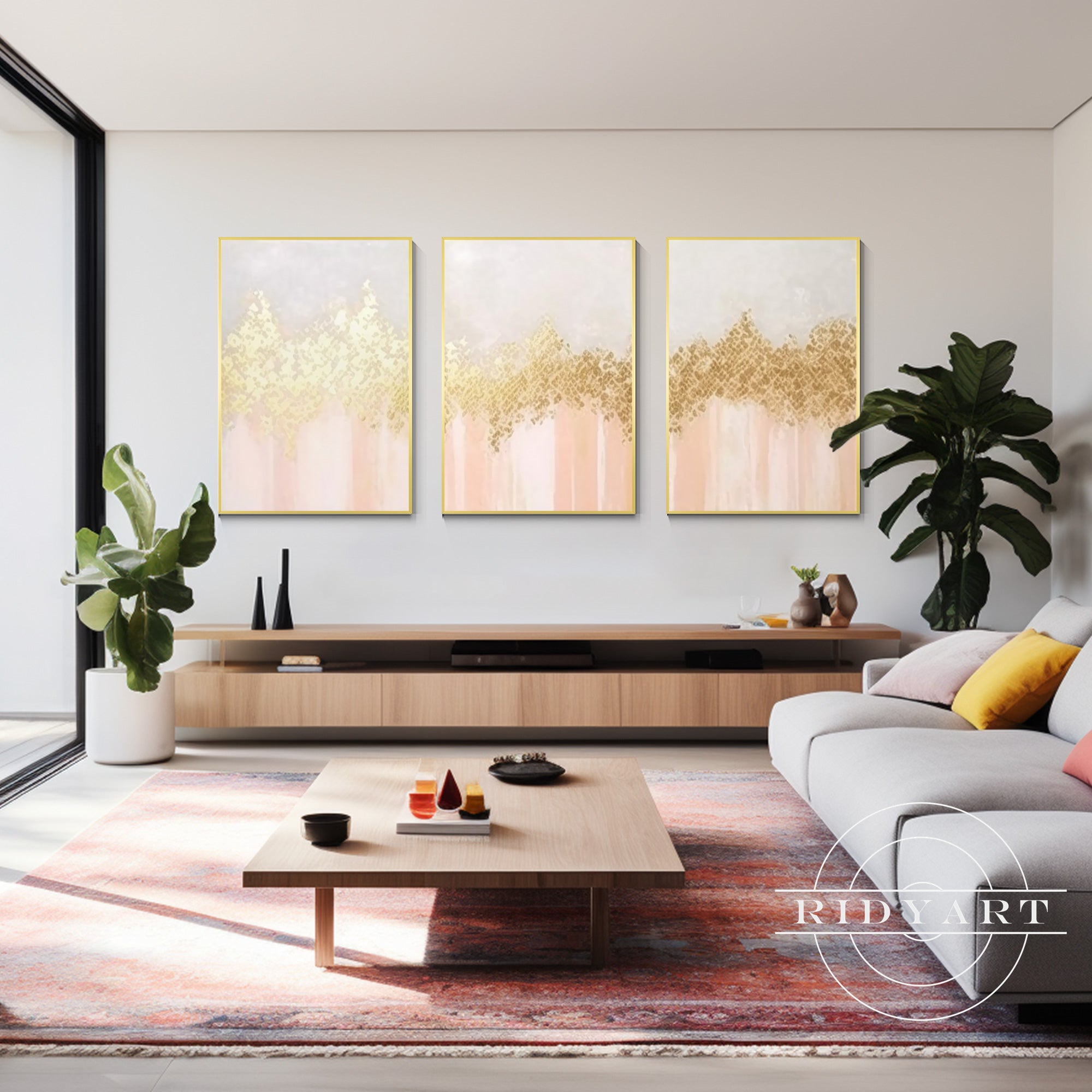 Abstract Gold wall art featuring vibrant shades of orange light and gold shapes, perfect for modern home decor