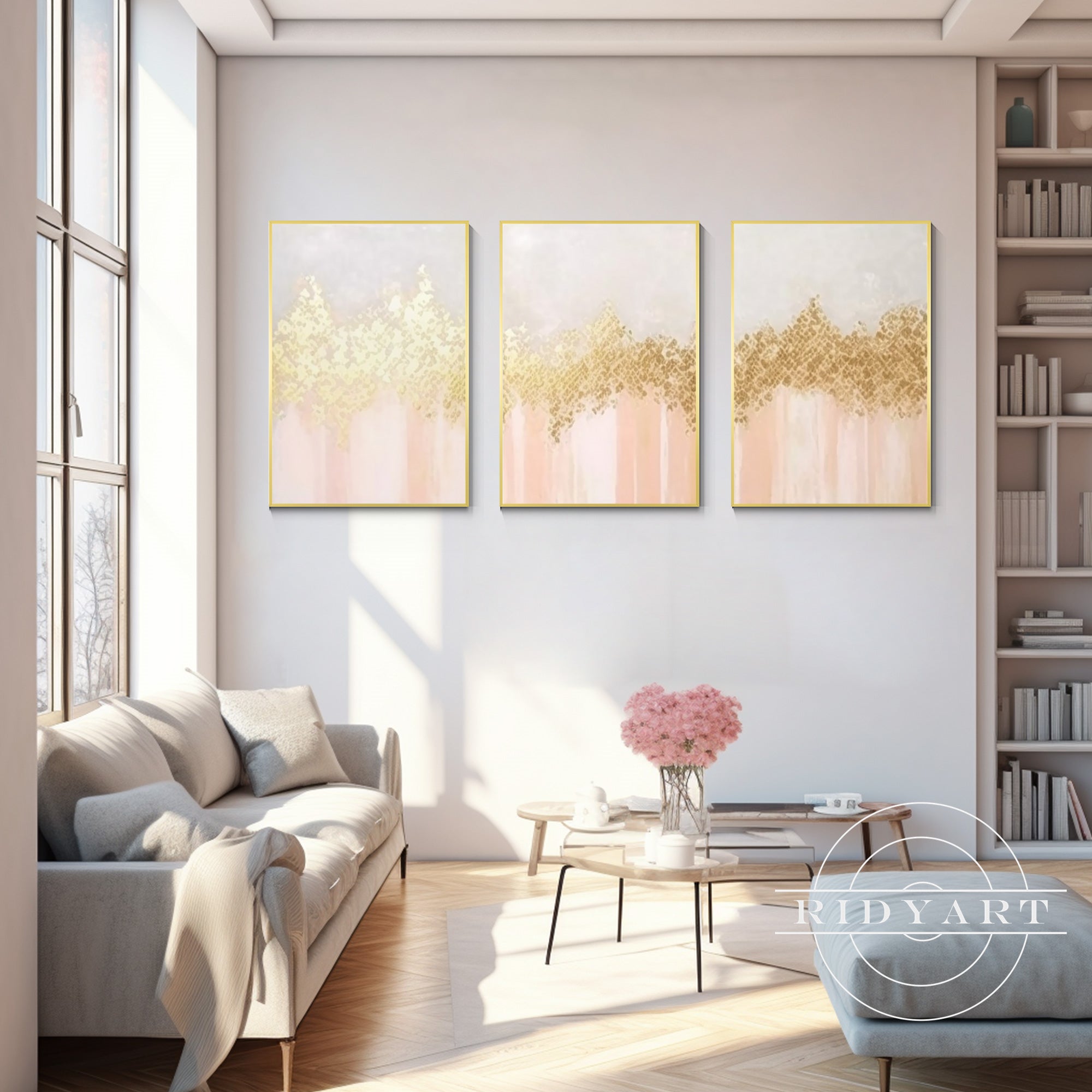 Abstract Gold wall art featuring vibrant shades of orange light and gold shapes, perfect for modern home decor