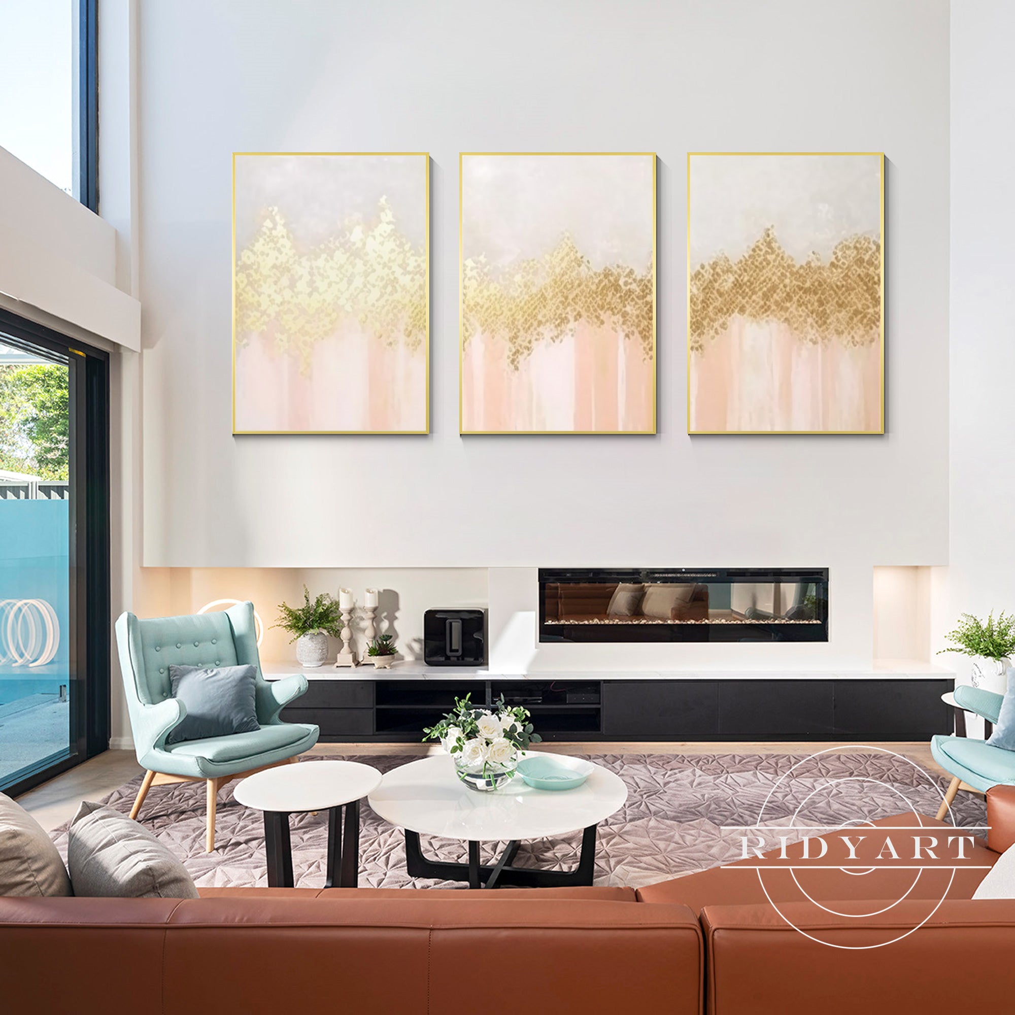 Abstract Gold wall art featuring vibrant shades of orange light and gold shapes, perfect for modern home decor