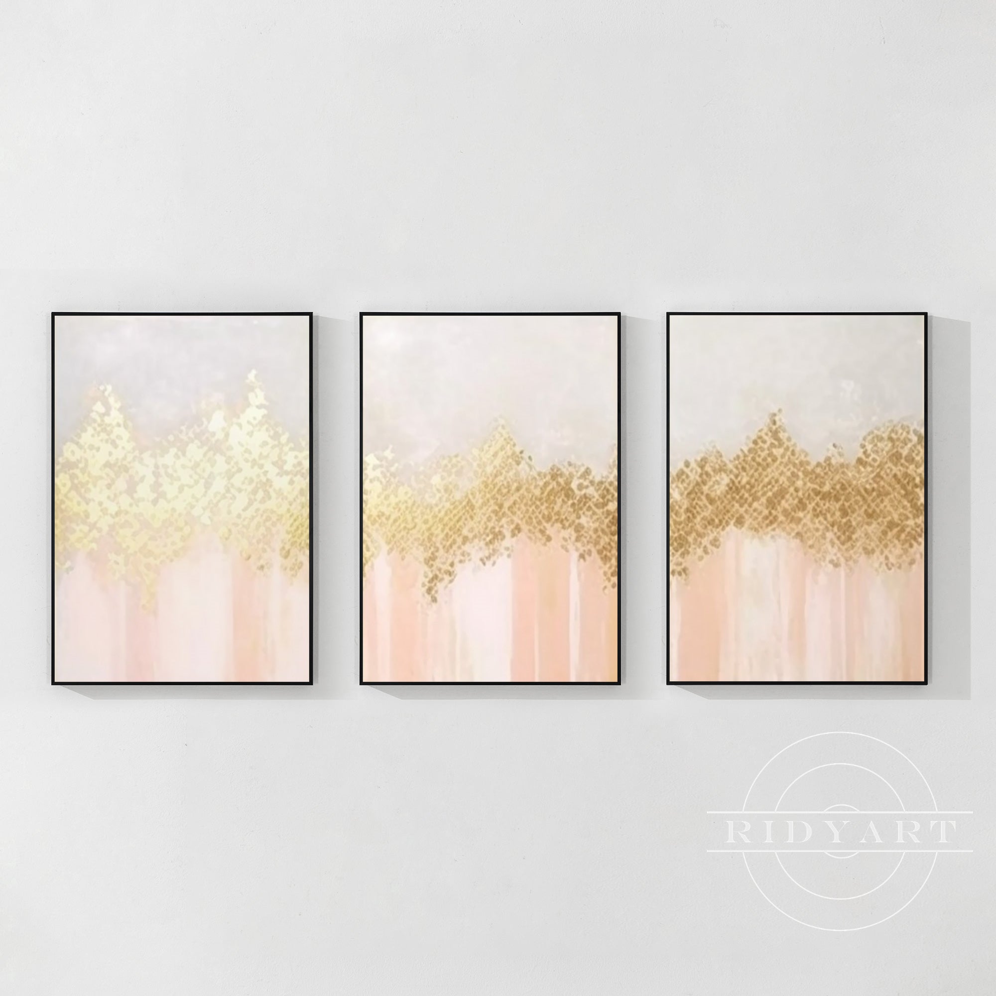 Abstract Gold wall art featuring vibrant shades of orange light and gold shapes, perfect for modern home decor