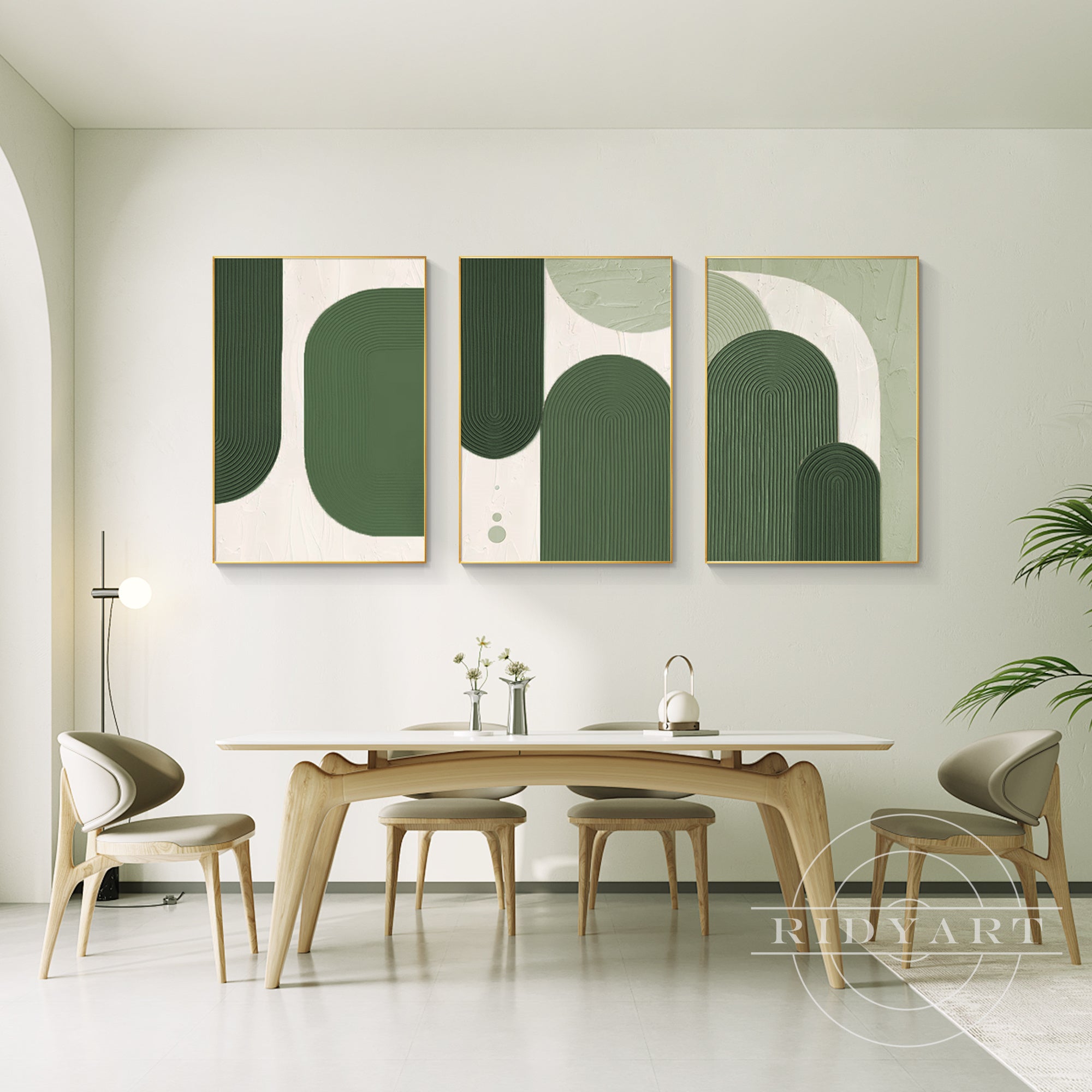 Set of 3 sage green abstract textured oil paintings for modern decor