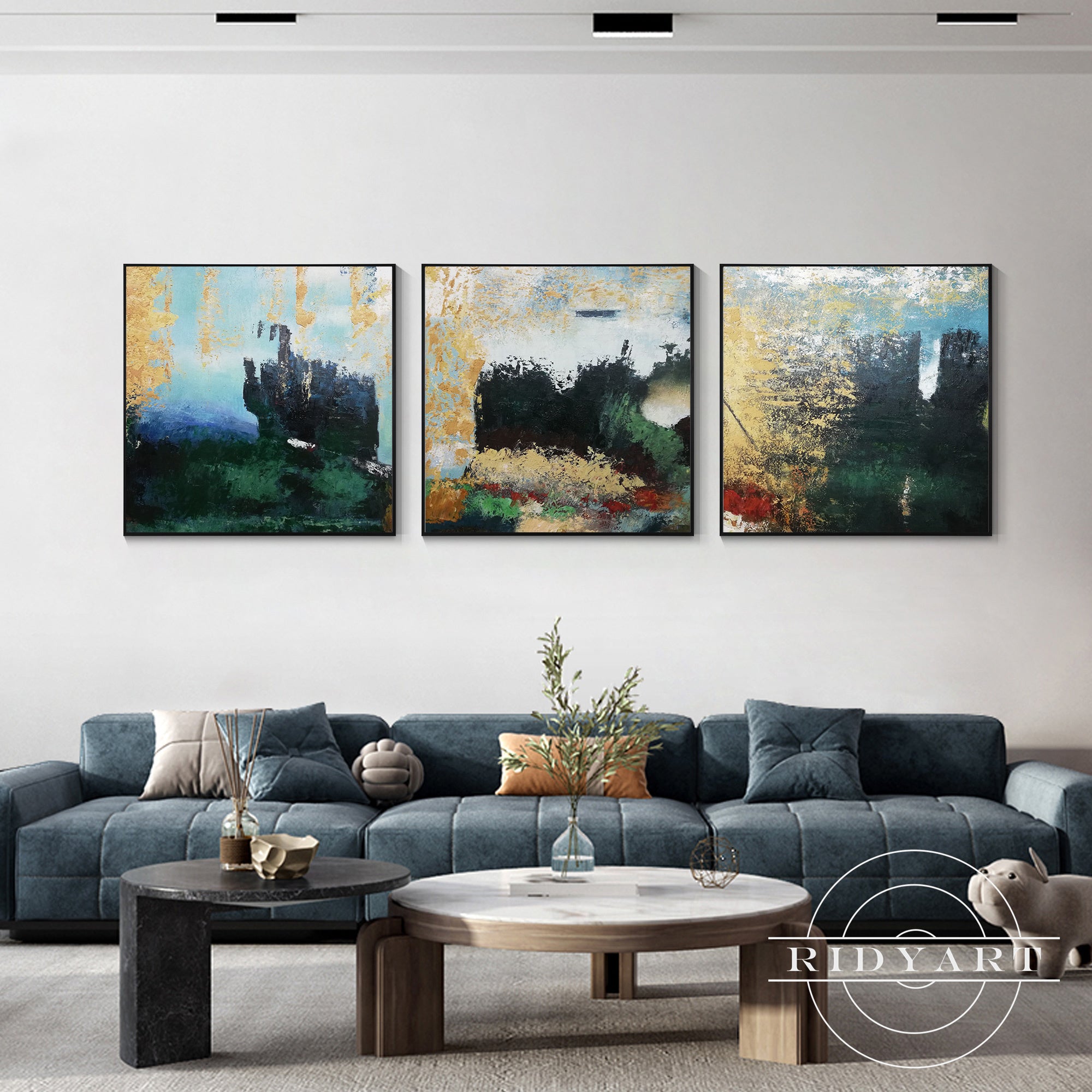 Set of 3 teal gold art_0719