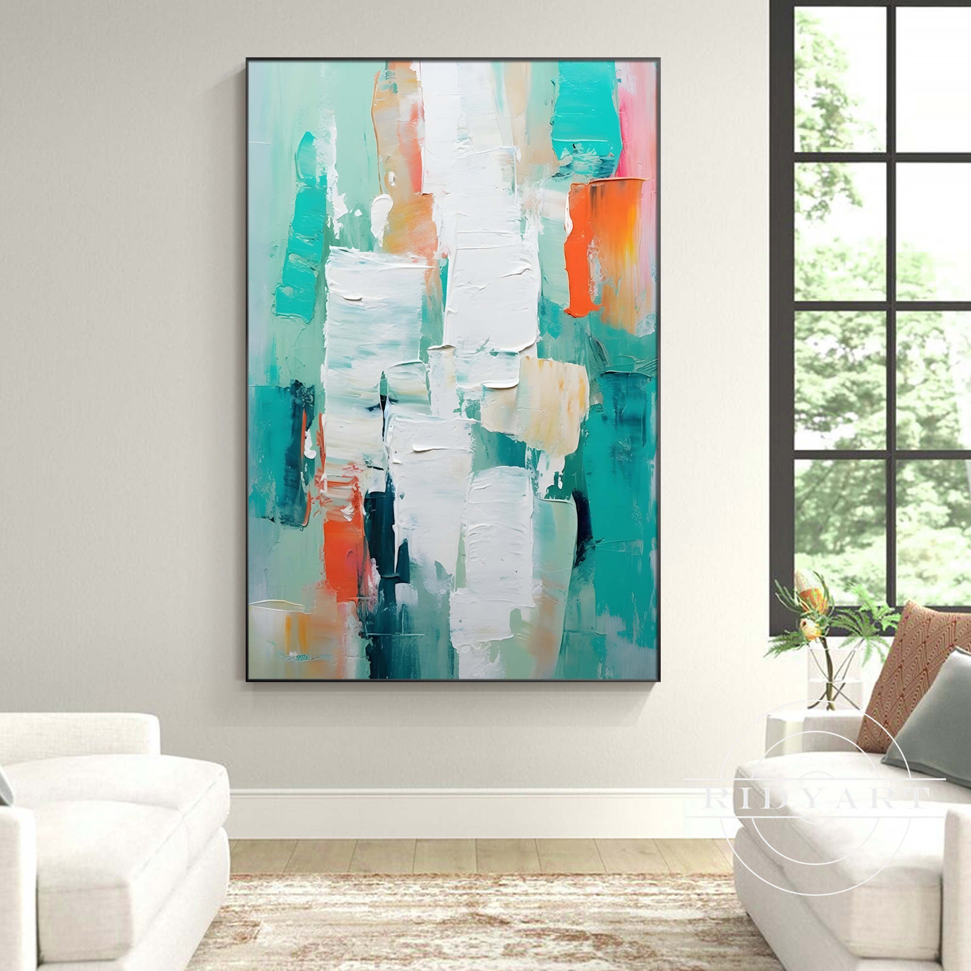 Teal abstract wall art with bold brushstrokes and modern design