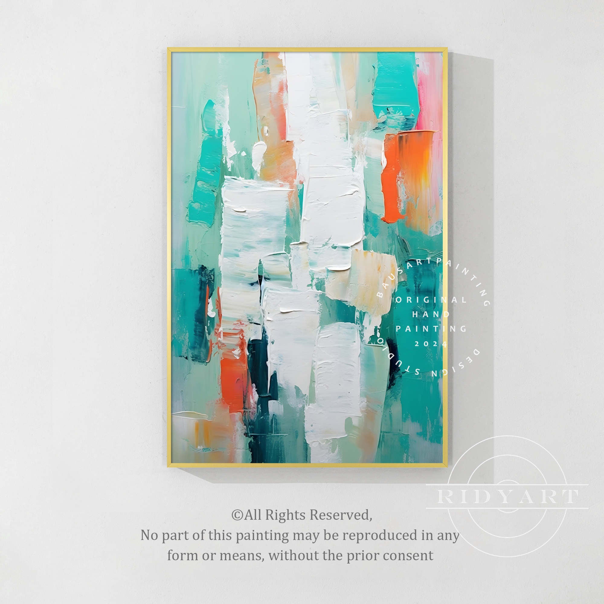 Teal abstract wall art with bold brushstrokes and modern design