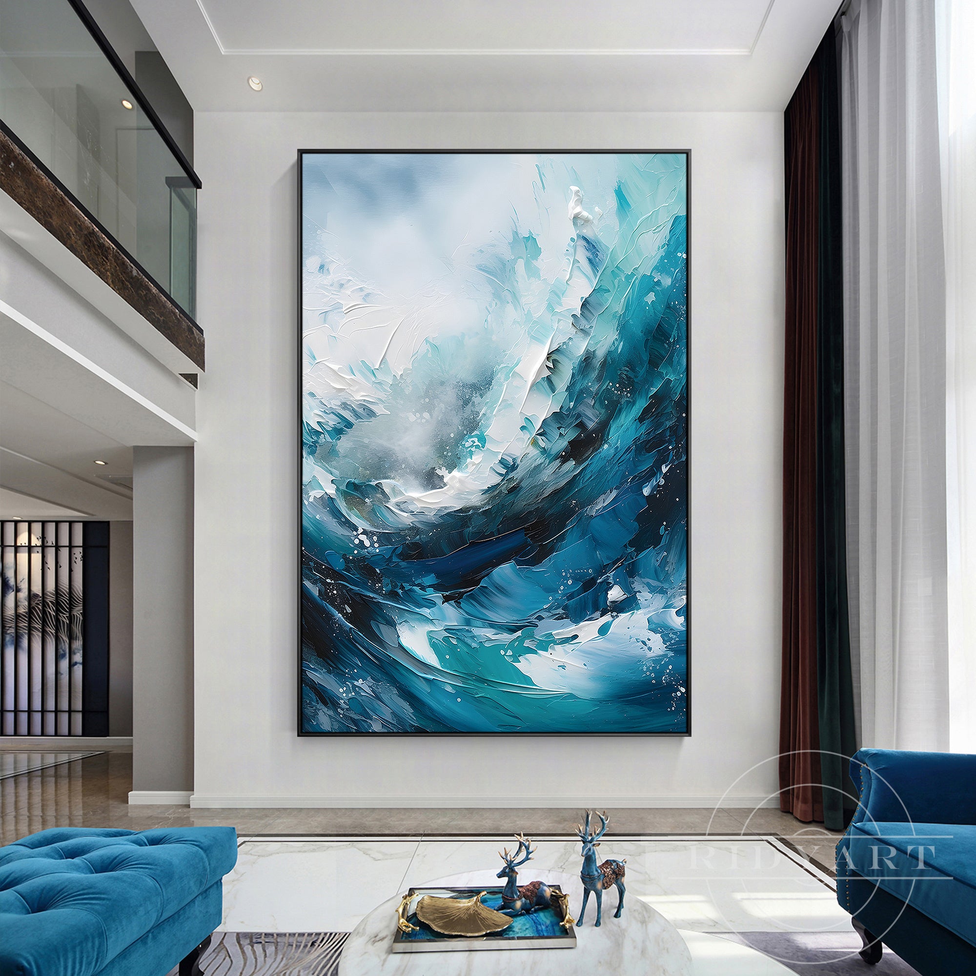 Teal blue textured art for modern home decor