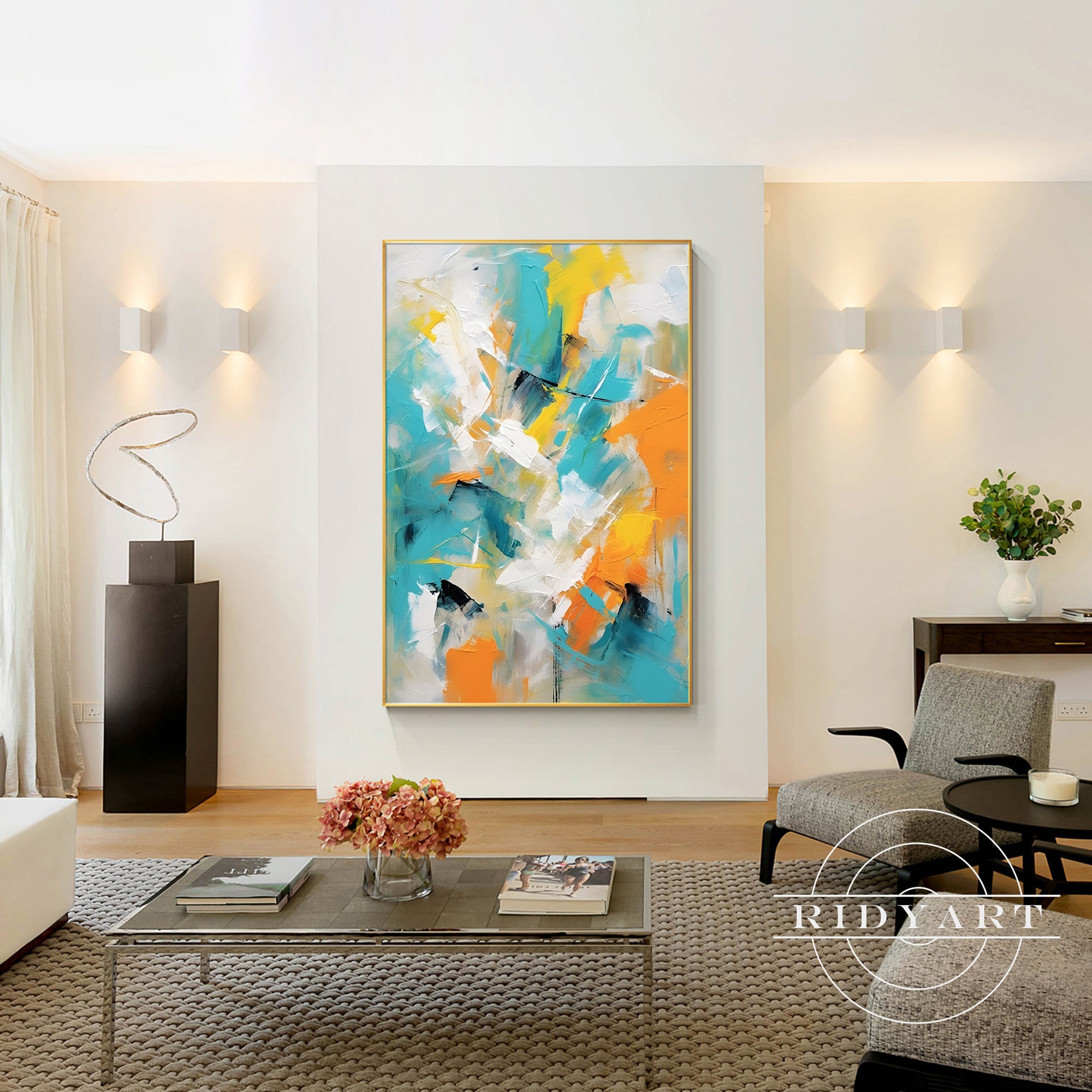 Modern Teal Orange Abstract Art for home decor