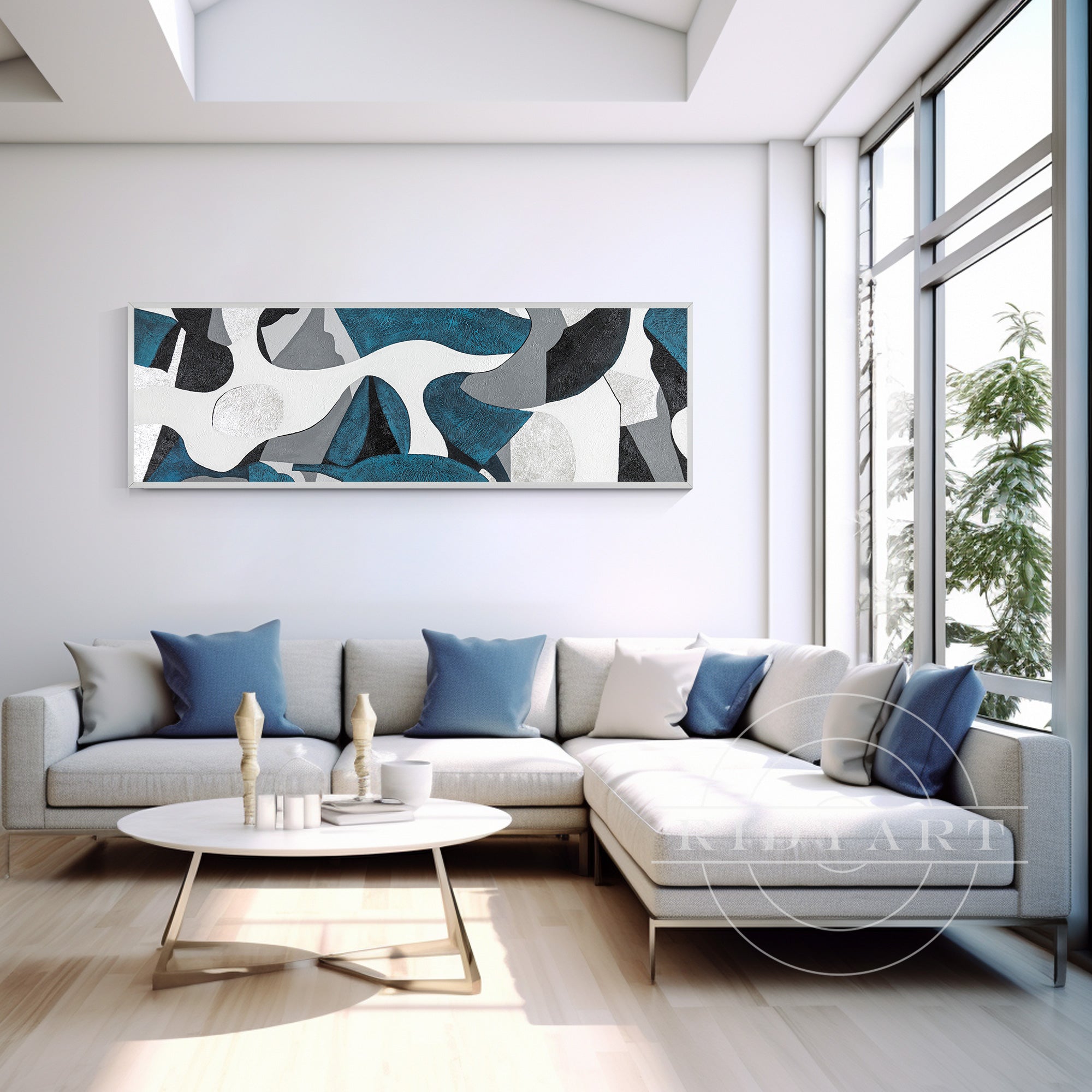 Horizontal teal and silver abstract geometric painting on canvas with organic shapes, perfect for modern living room or bedroom wall decor.