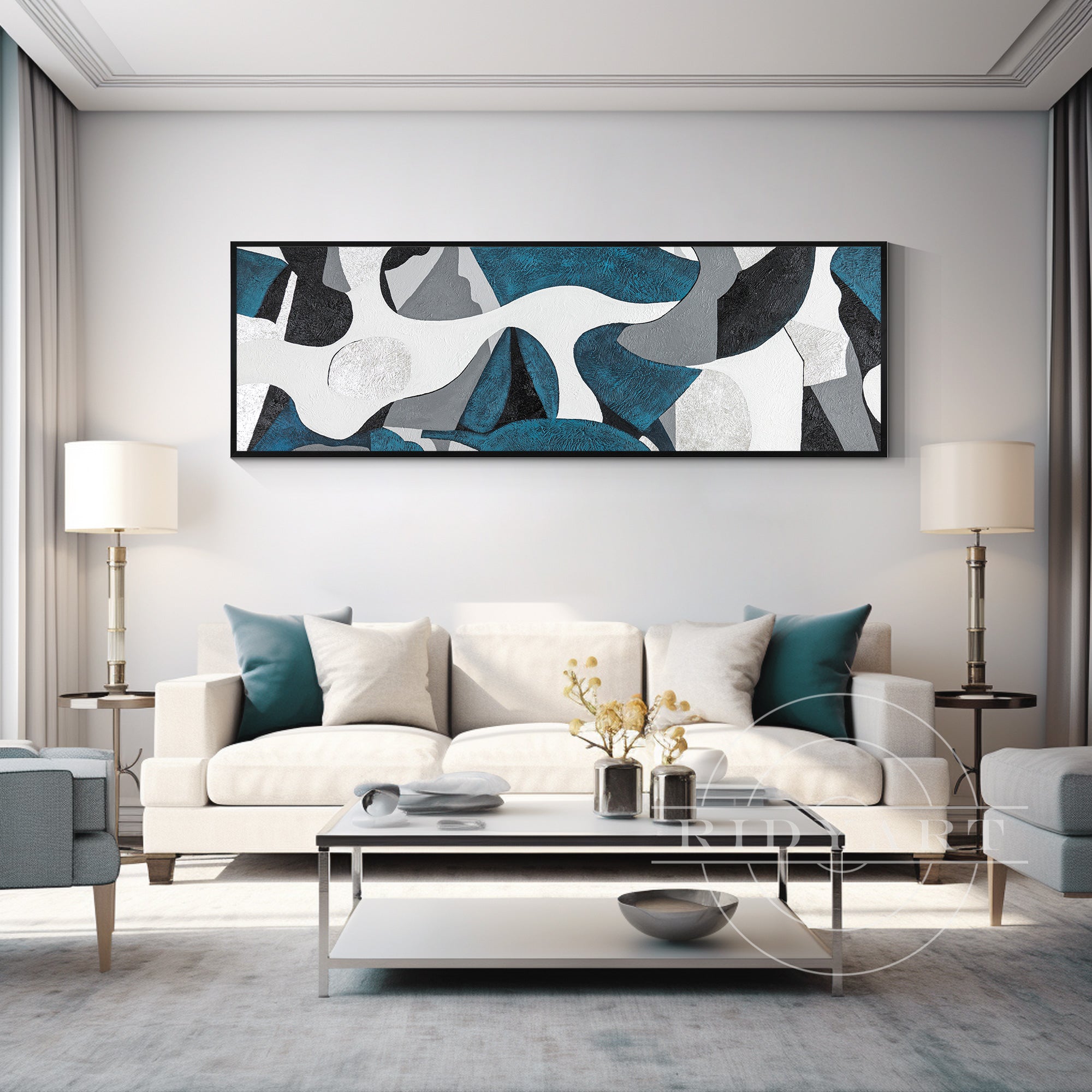Horizontal teal and silver abstract geometric painting on canvas with organic shapes, perfect for modern living room or bedroom wall decor.