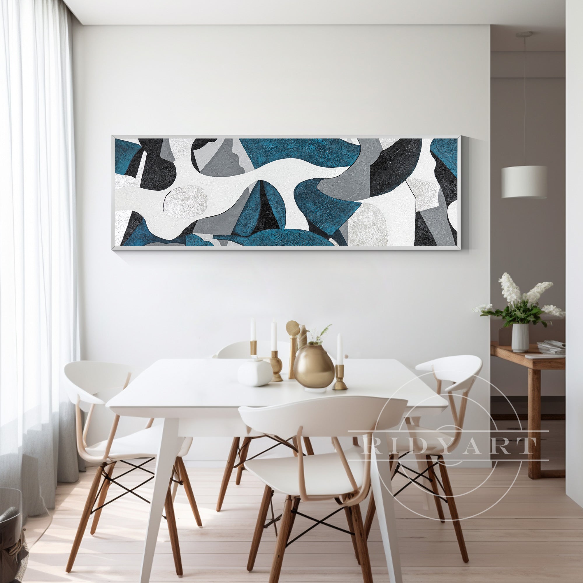 Horizontal teal and silver abstract geometric painting on canvas with organic shapes, perfect for modern living room or bedroom wall decor.