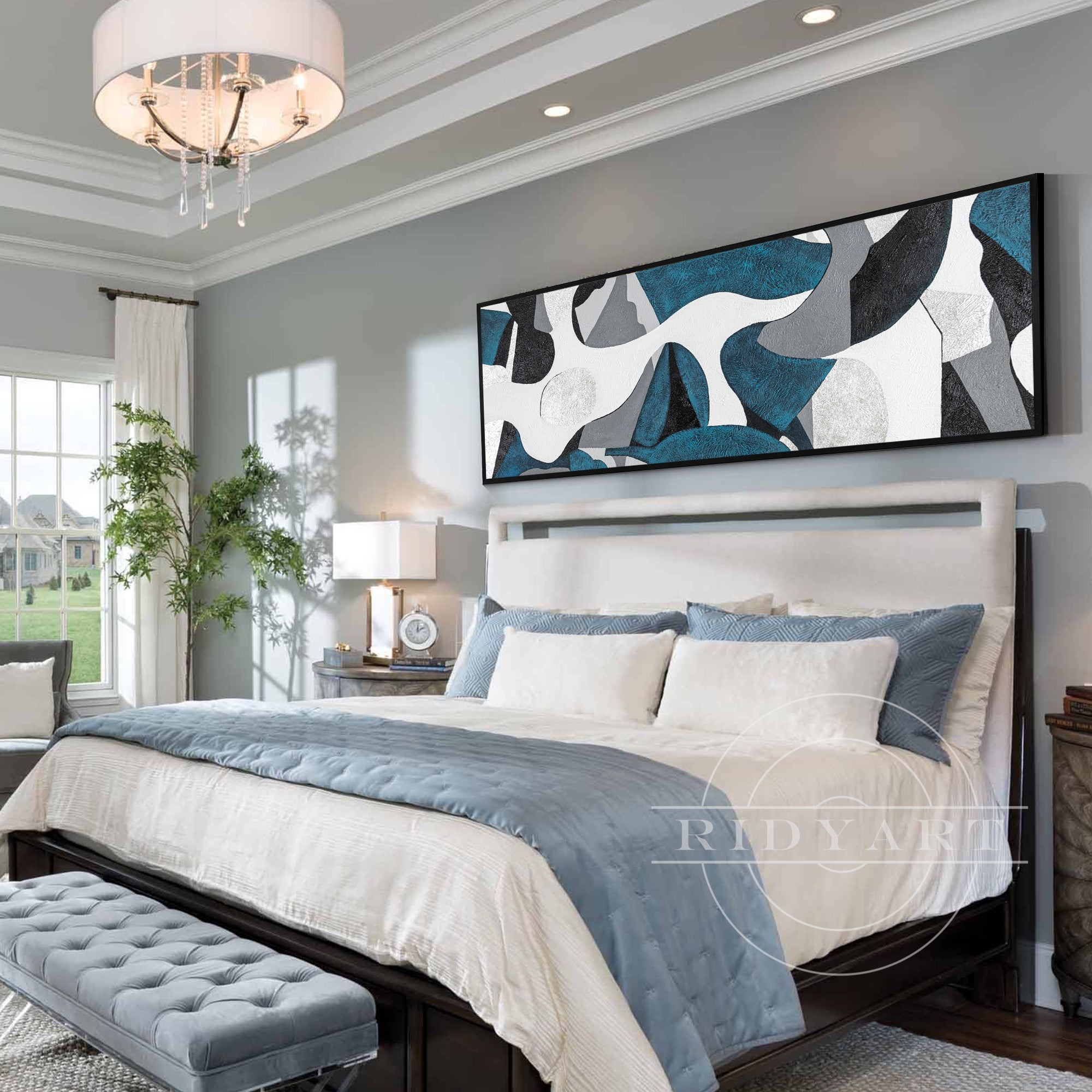 Horizontal teal and silver abstract geometric painting on canvas with organic shapes, perfect for modern living room or bedroom wall decor.
